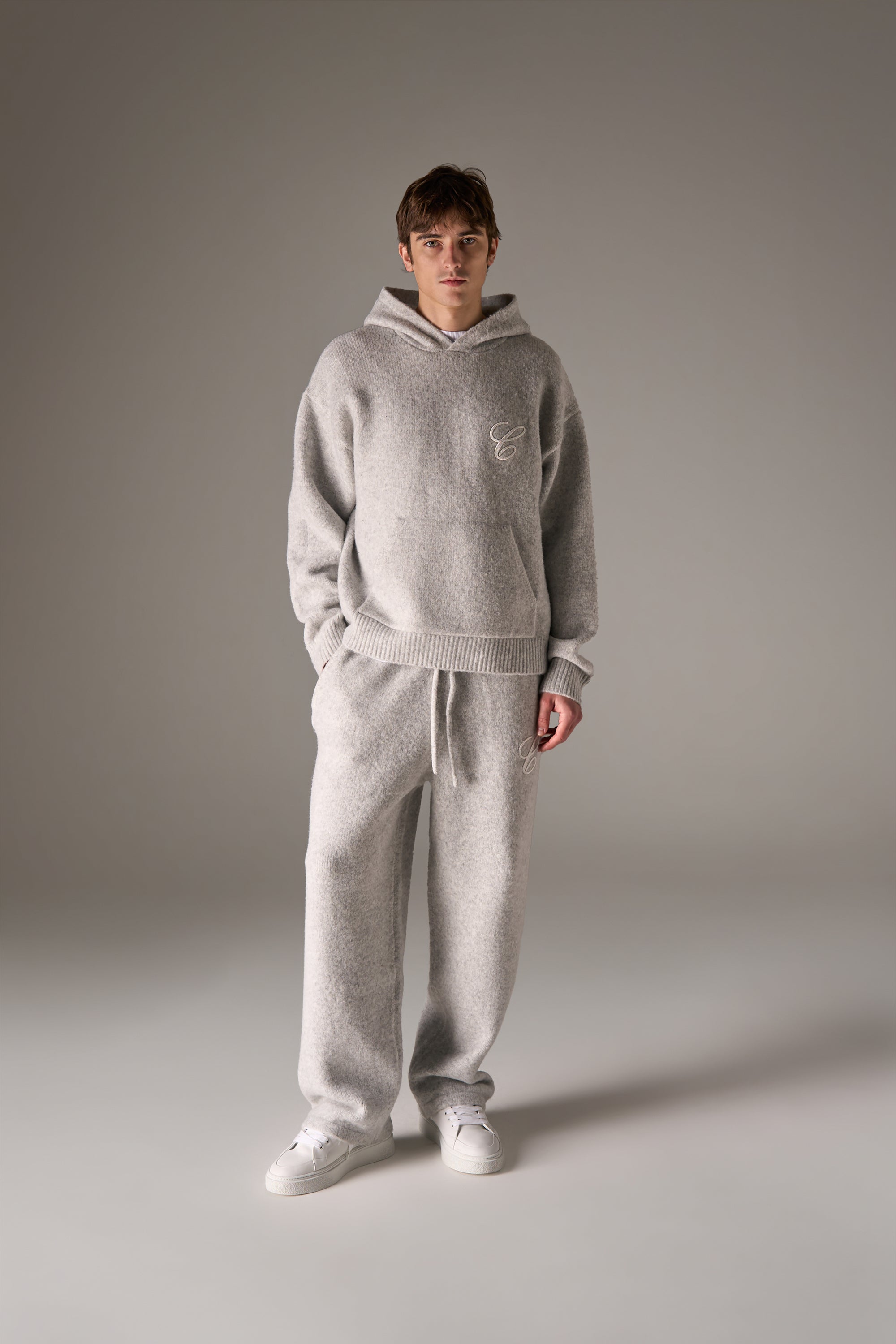 CHAINSTITCH EMBROIDERY KNITTED BARREL LEG JOGGERS - GREY