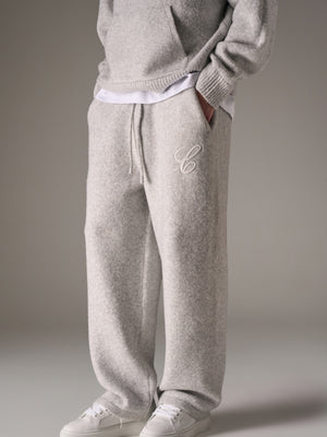 CHAINSTITCH EMBROIDERY KNITTED BARREL LEG JOGGERS - GREY