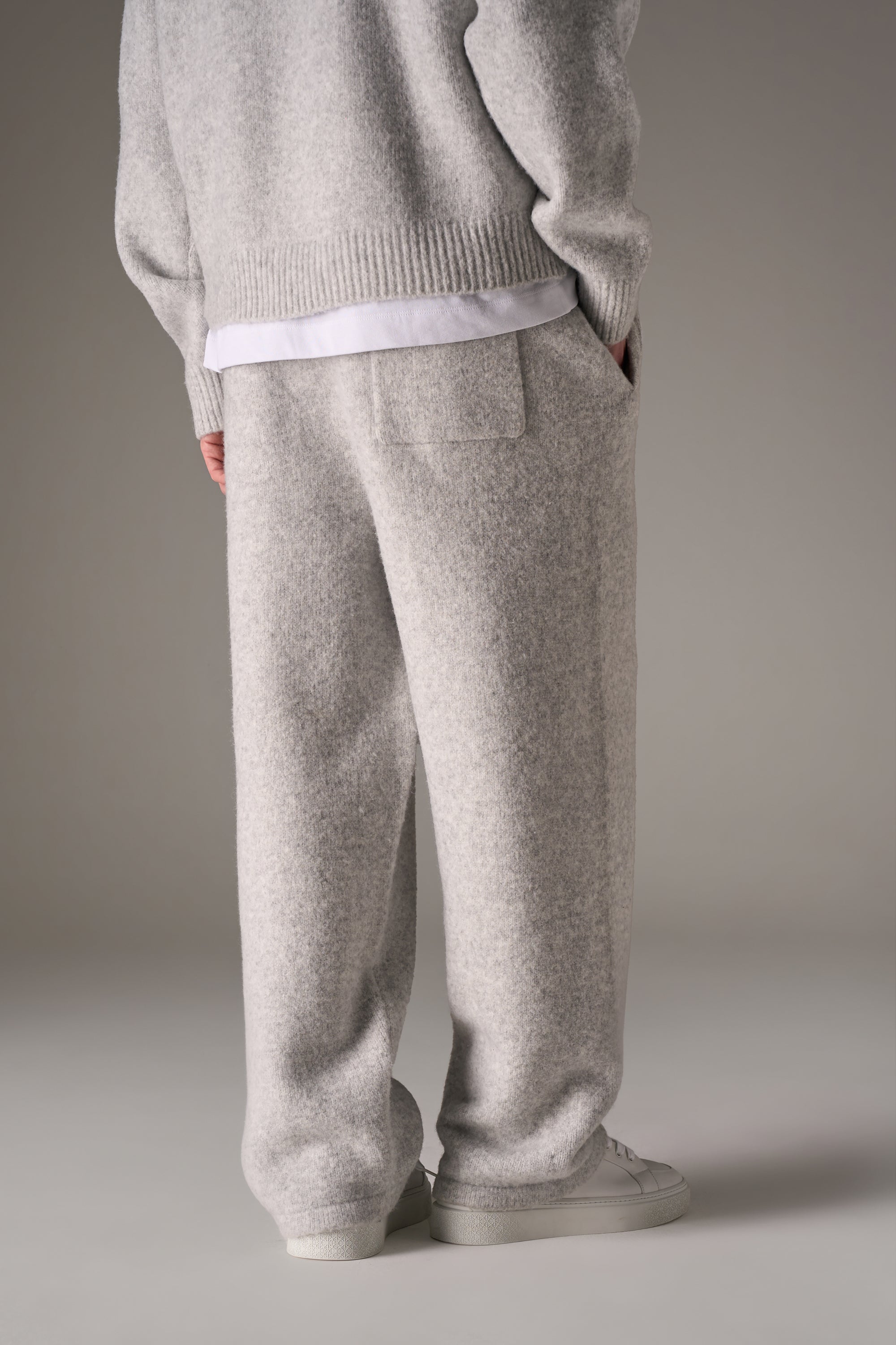 CHAINSTITCH EMBROIDERY KNITTED BARREL LEG JOGGERS - GREY