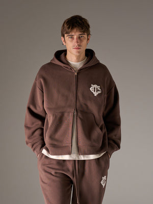 HEAVYWEIGHT MONOGRAM APPLIQUE EMBLEM ZIP THROUGH - BROWN