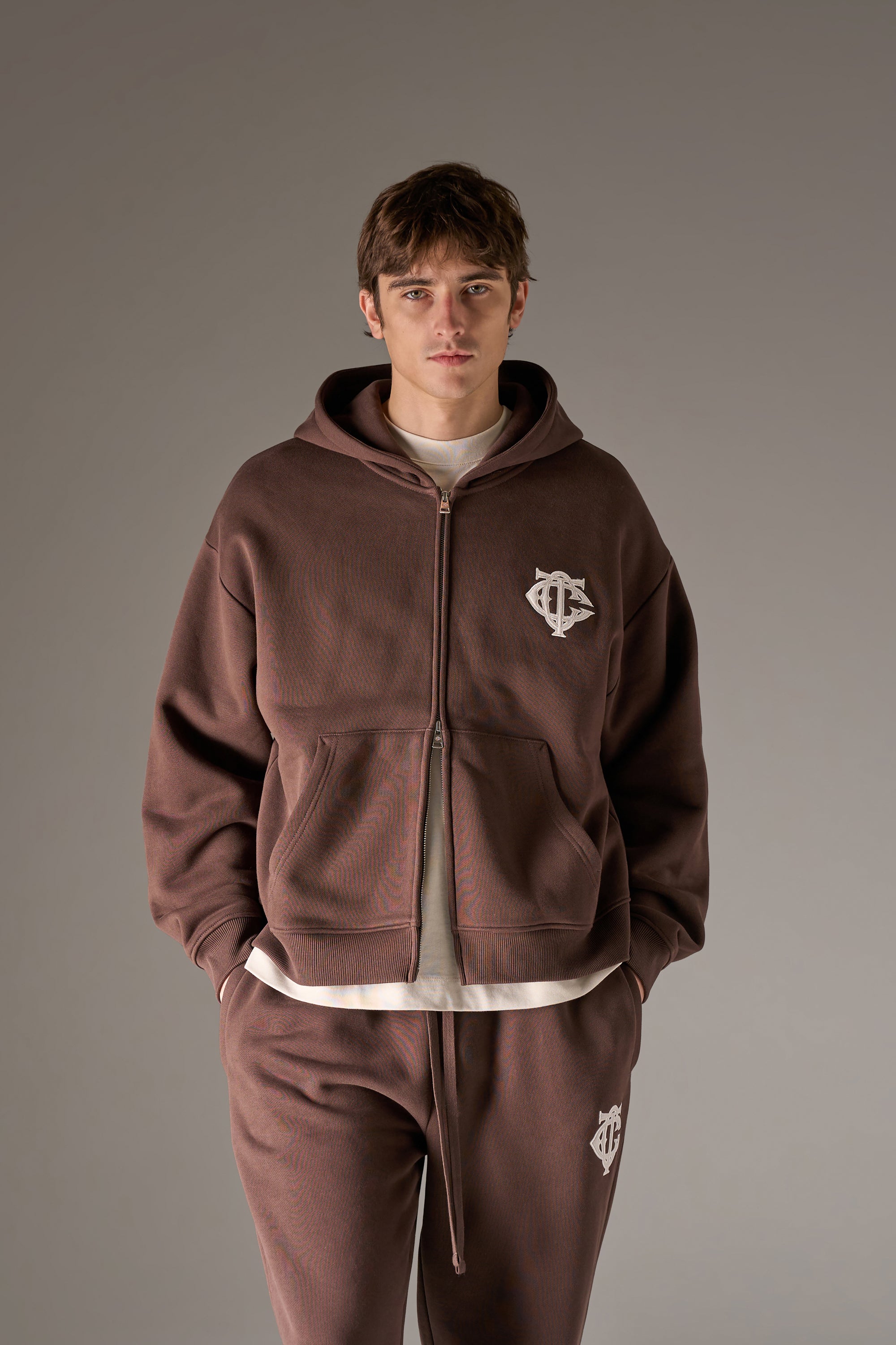 HEAVYWEIGHT MONOGRAM APPLIQUE EMBLEM ZIP THROUGH - BROWN