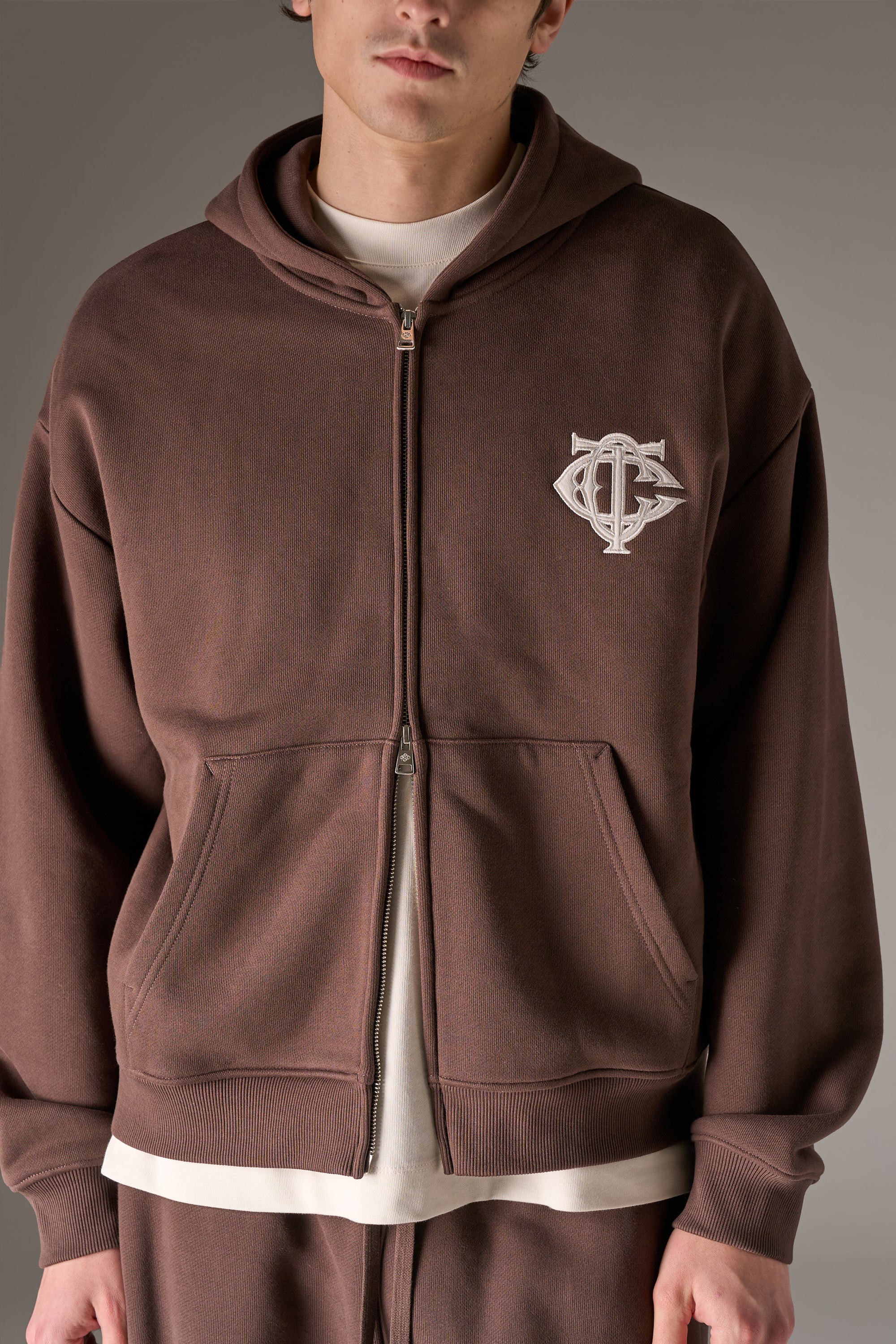 HEAVYWEIGHT MONOGRAM APPLIQUE EMBLEM ZIP THROUGH - BROWN