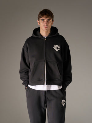 HEAVYWEIGHT MONOGRAM APPLIQUE EMBLEM ZIP THROUGH - BLACK