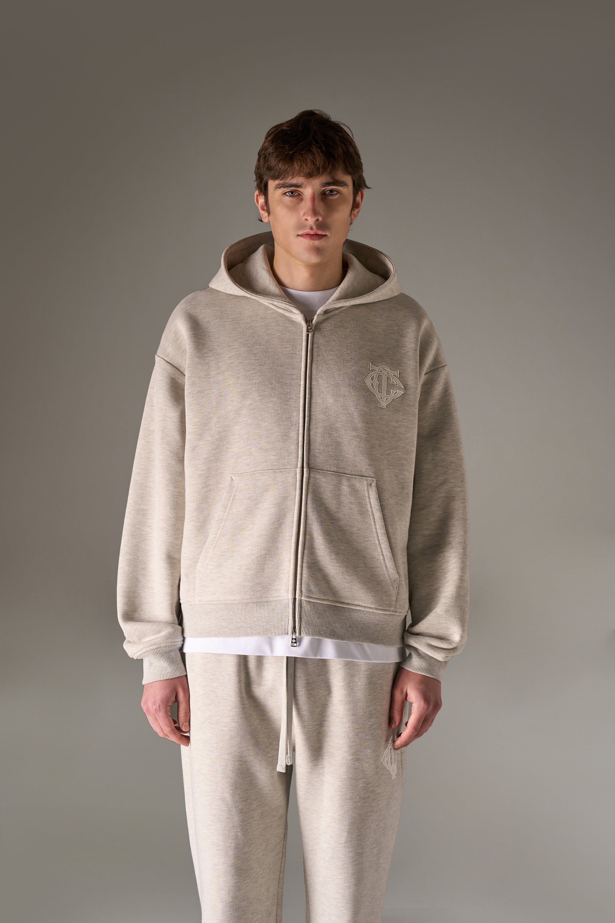 HEAVYWEIGHT MONOGRAM APPLIQUE EMBLEM ZIP THROUGH - GREY MARL
