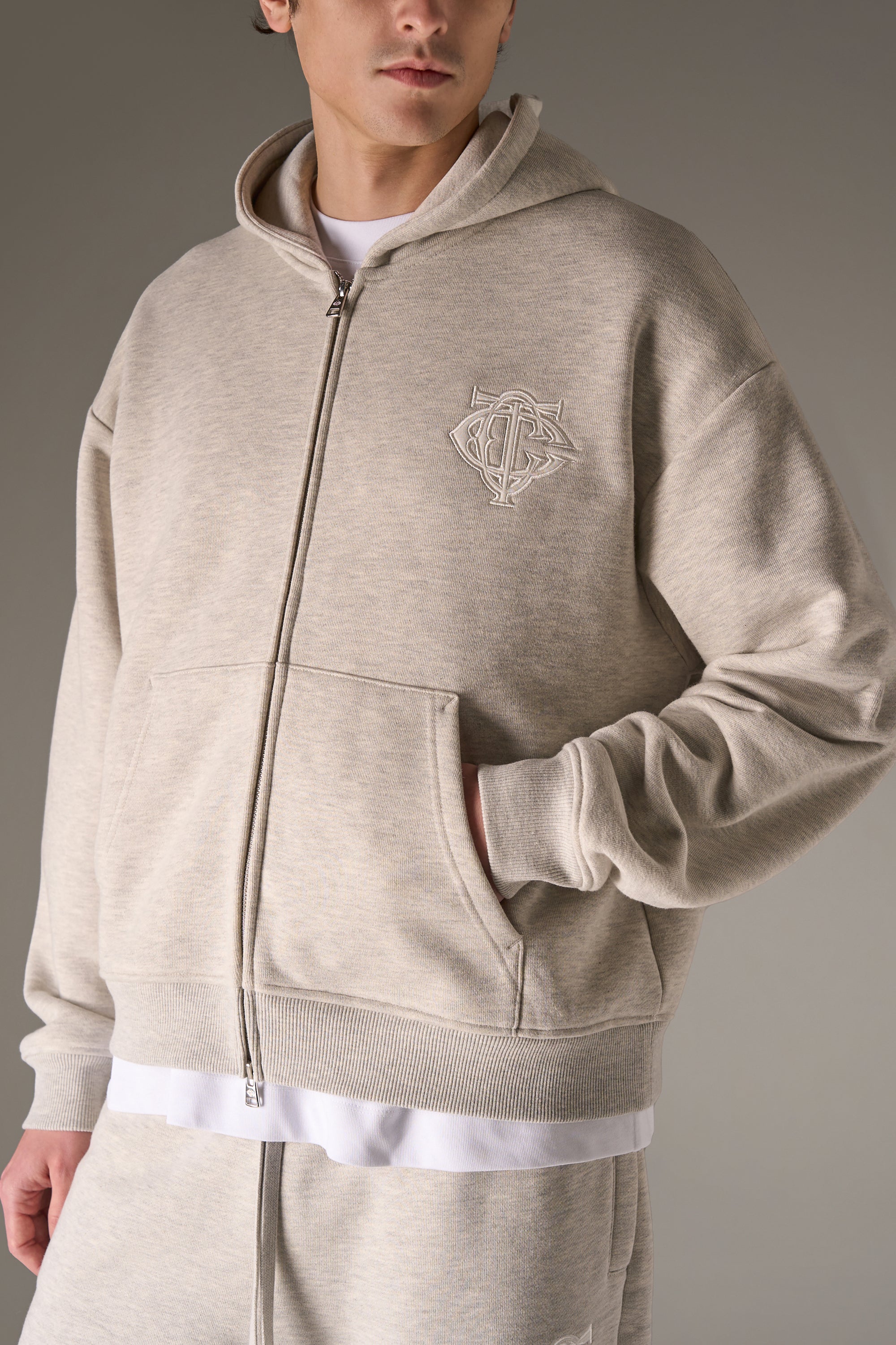 HEAVYWEIGHT MONOGRAM APPLIQUE EMBLEM ZIP THROUGH - GREY MARL