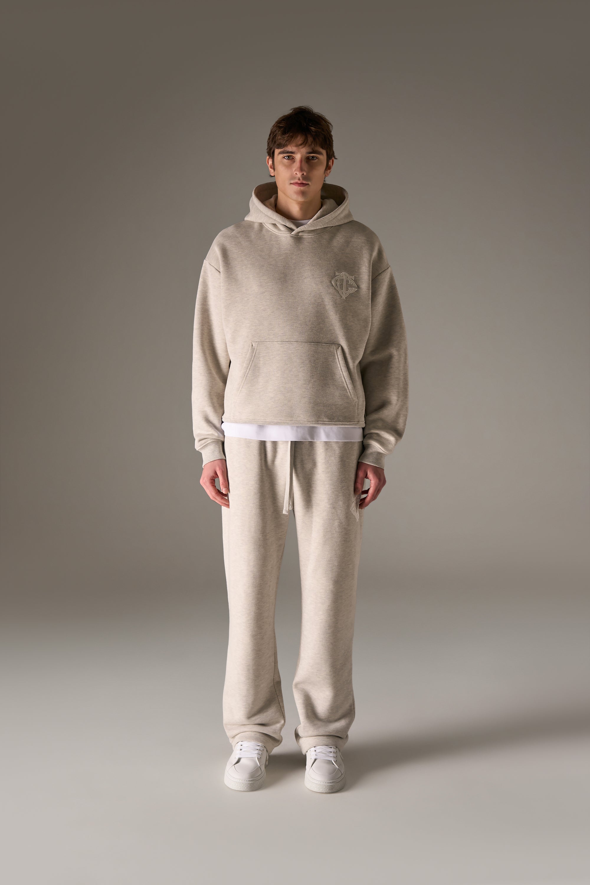 HEAVYWEIGHT MONOGRAM APPLIQUE EMBLEM HOODIE - GREY MARL