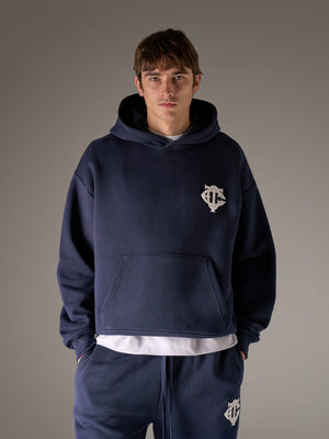 HEAVYWEIGHT MONOGRAM APPLIQUE EMBLEM HOODIE - NAVY
