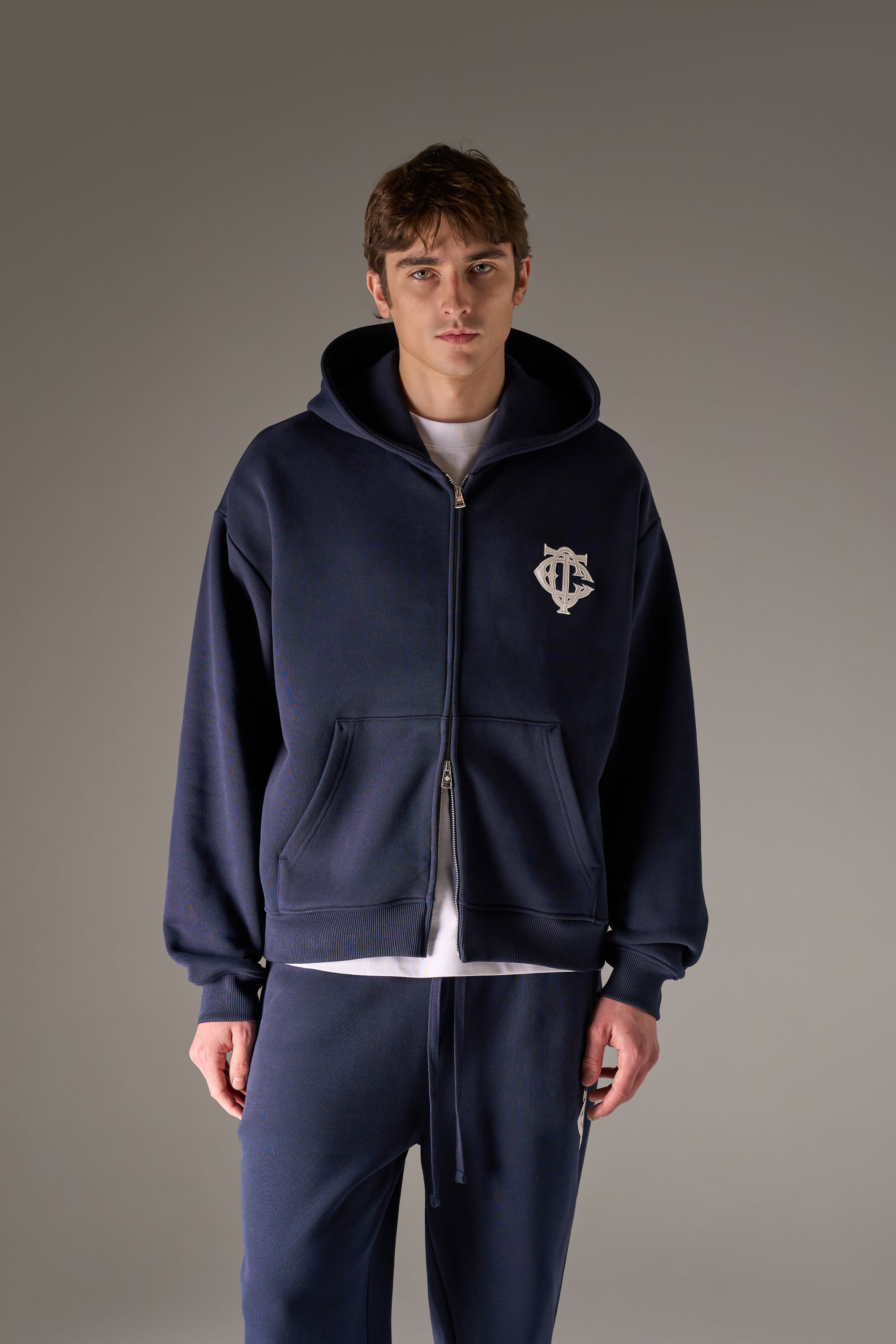HEAVYWEIGHT MONOGRAM APPLIQUE EMBLEM ZIP THROUGH - NAVY