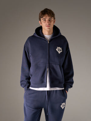 HEAVYWEIGHT MONOGRAM APPLIQUE EMBLEM ZIP THROUGH - NAVY