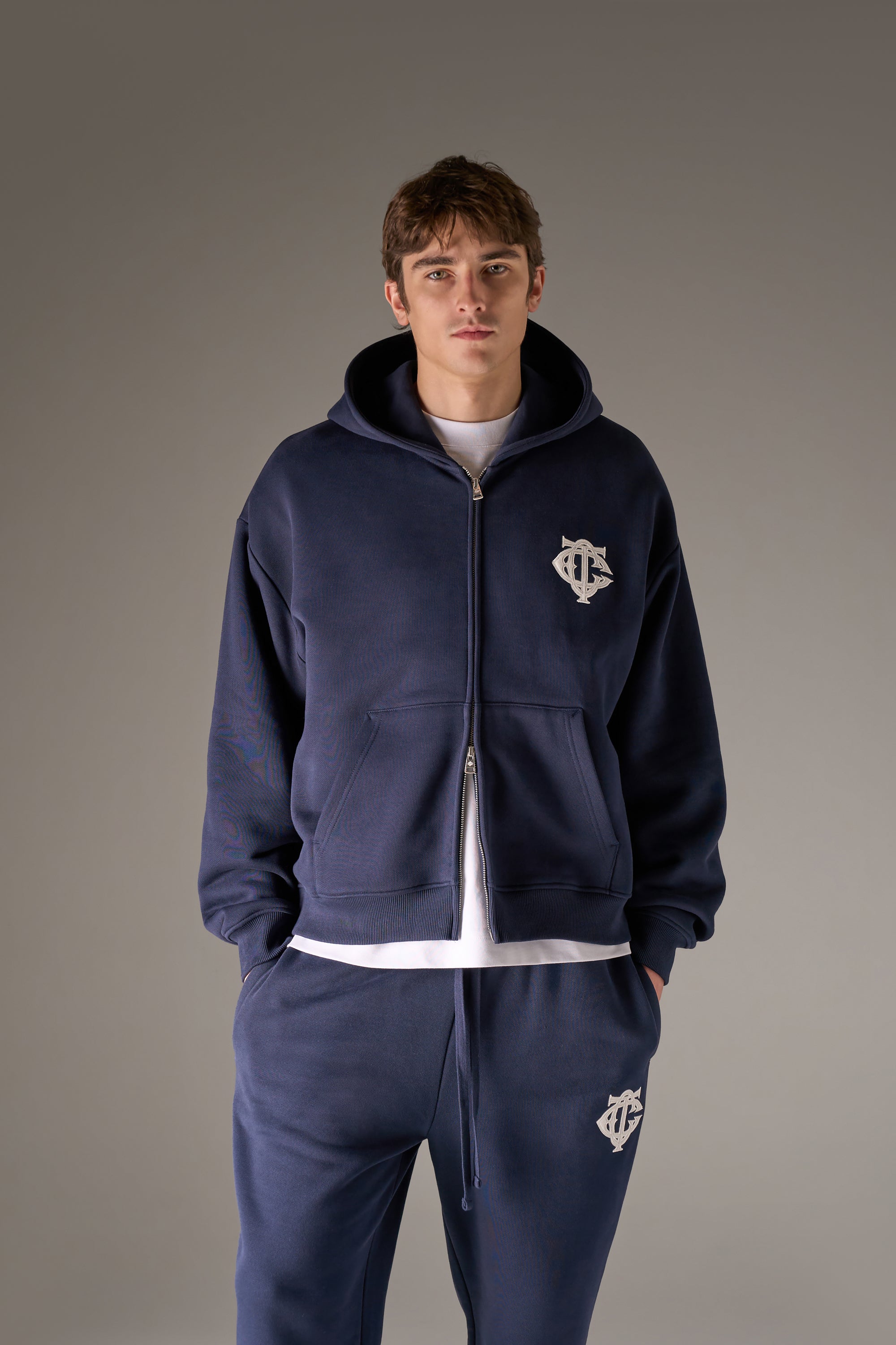 HEAVYWEIGHT MONOGRAM APPLIQUE EMBLEM ZIP THROUGH - NAVY