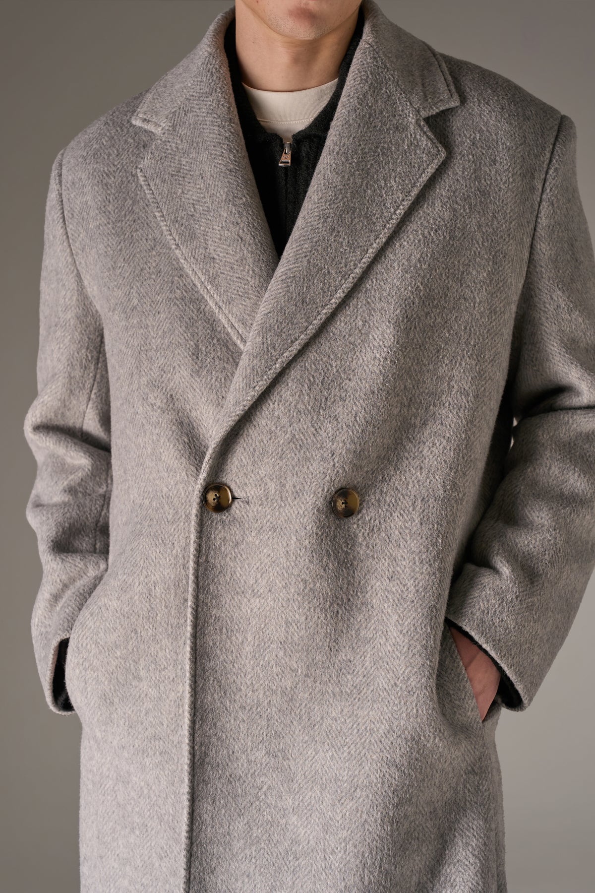 HERRINGBONE WOOL LONGLINE DUSTER COAT - GREY