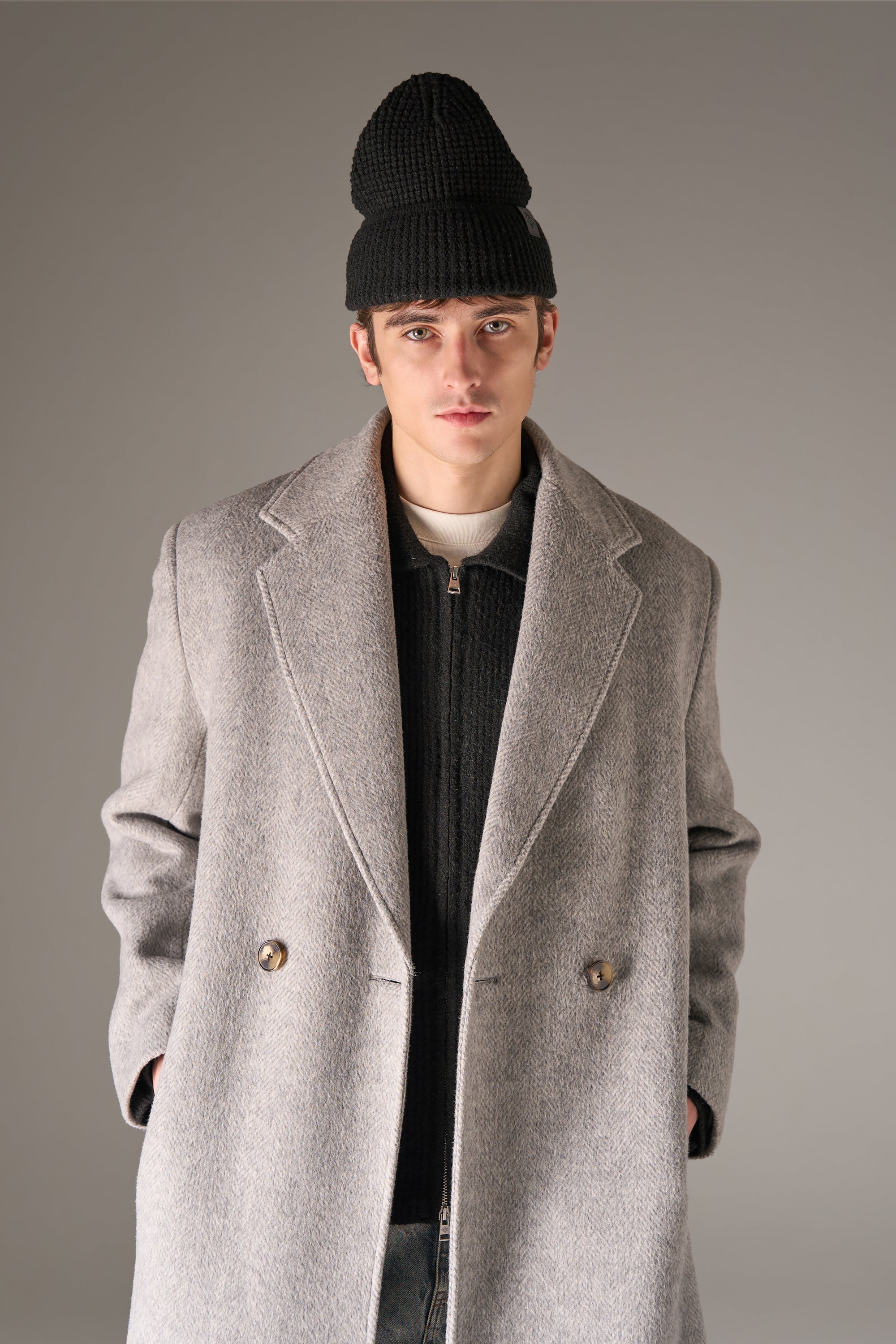 HERRINGBONE WOOL LONGLINE DUSTER COAT - GREY