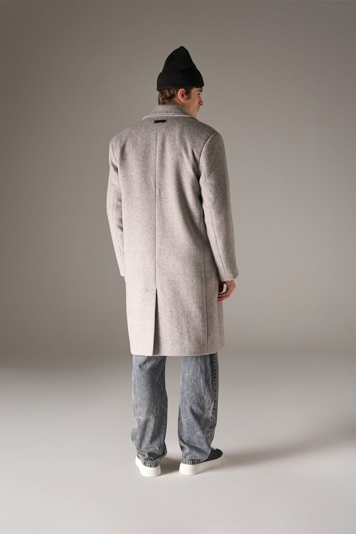 HERRINGBONE WOOL LONGLINE DUSTER COAT - GREY