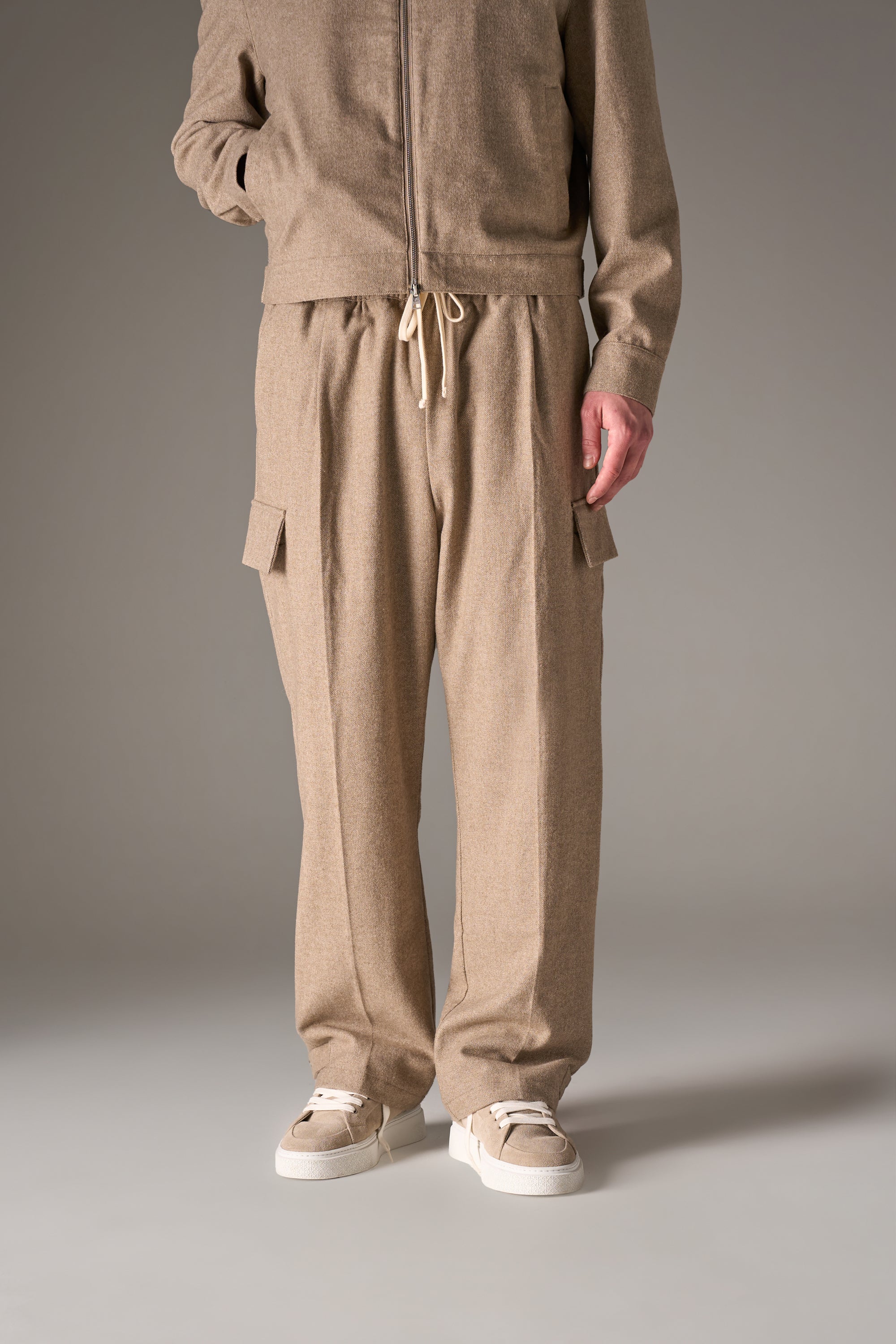 WIDE LEG HERRINGBONE TROUSERS - BEIGE