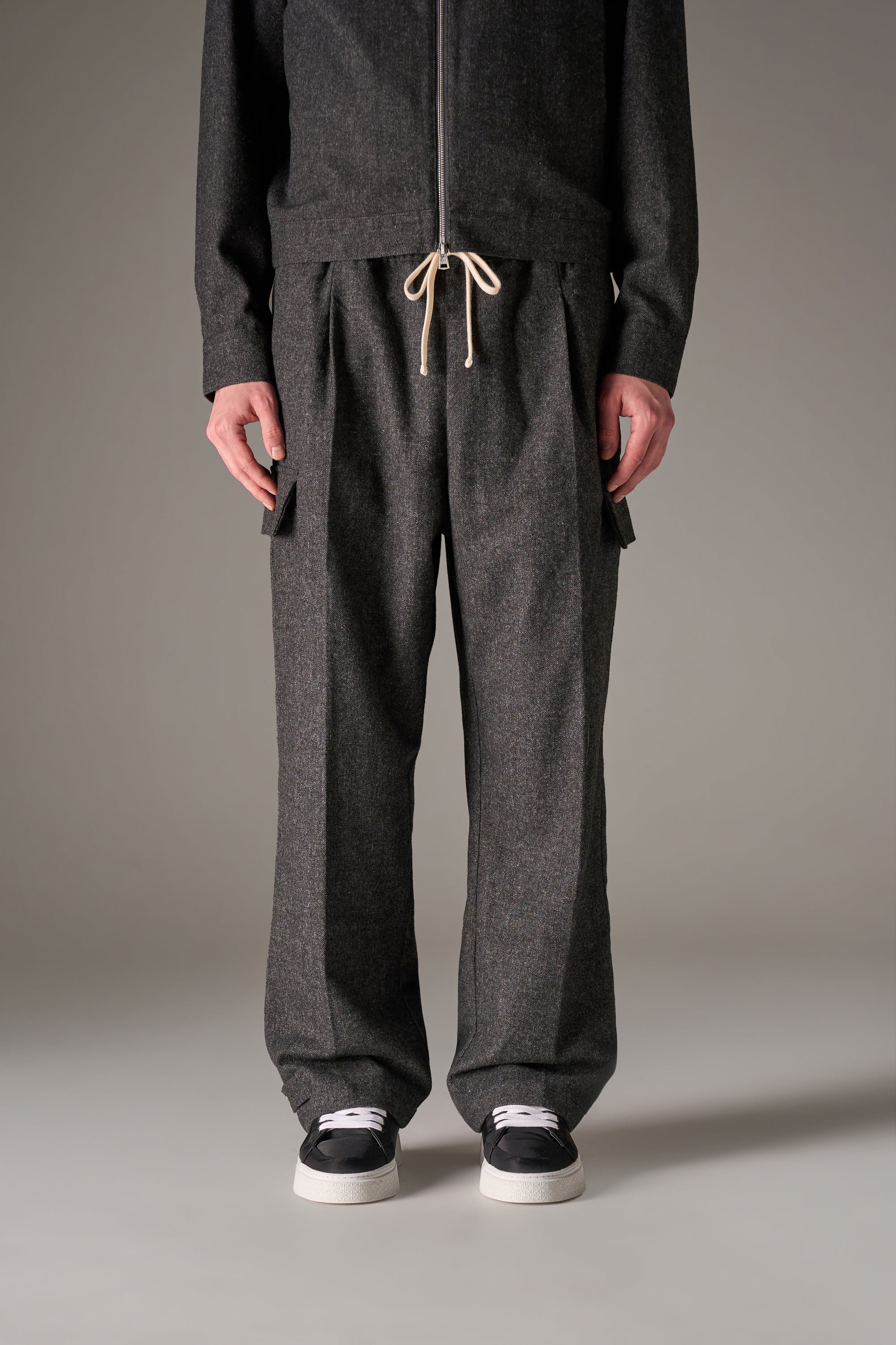 WIDE LEG HERRINGBONE TROUSERS - CHARCOAL