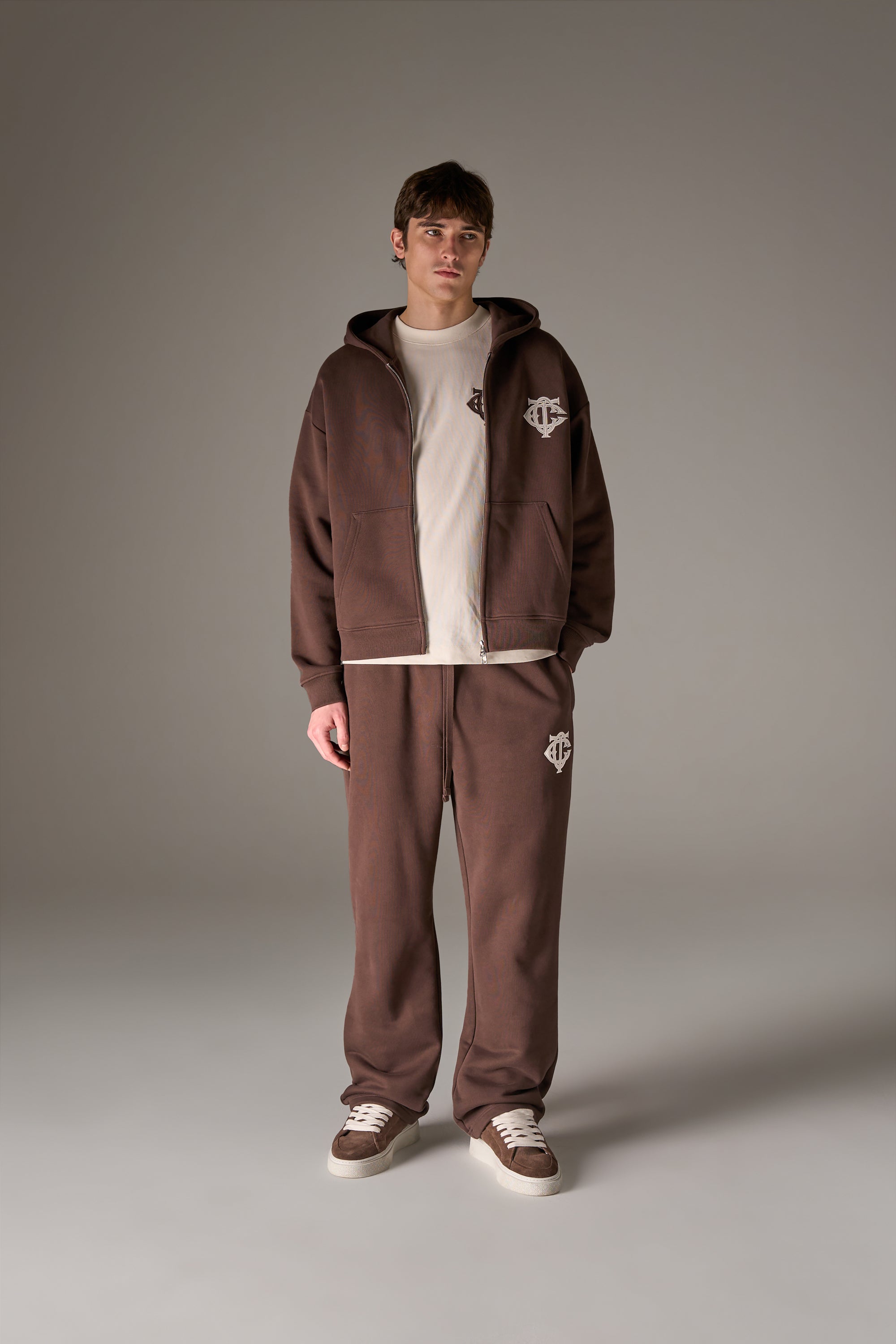HEAVYWEIGHT MONOGRAM APPLIQUE EMBLEM ZIP THROUGH - BROWN