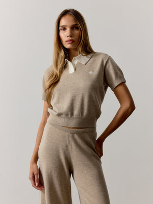 KNITTED COLLAR POLO TOP - BEIGE