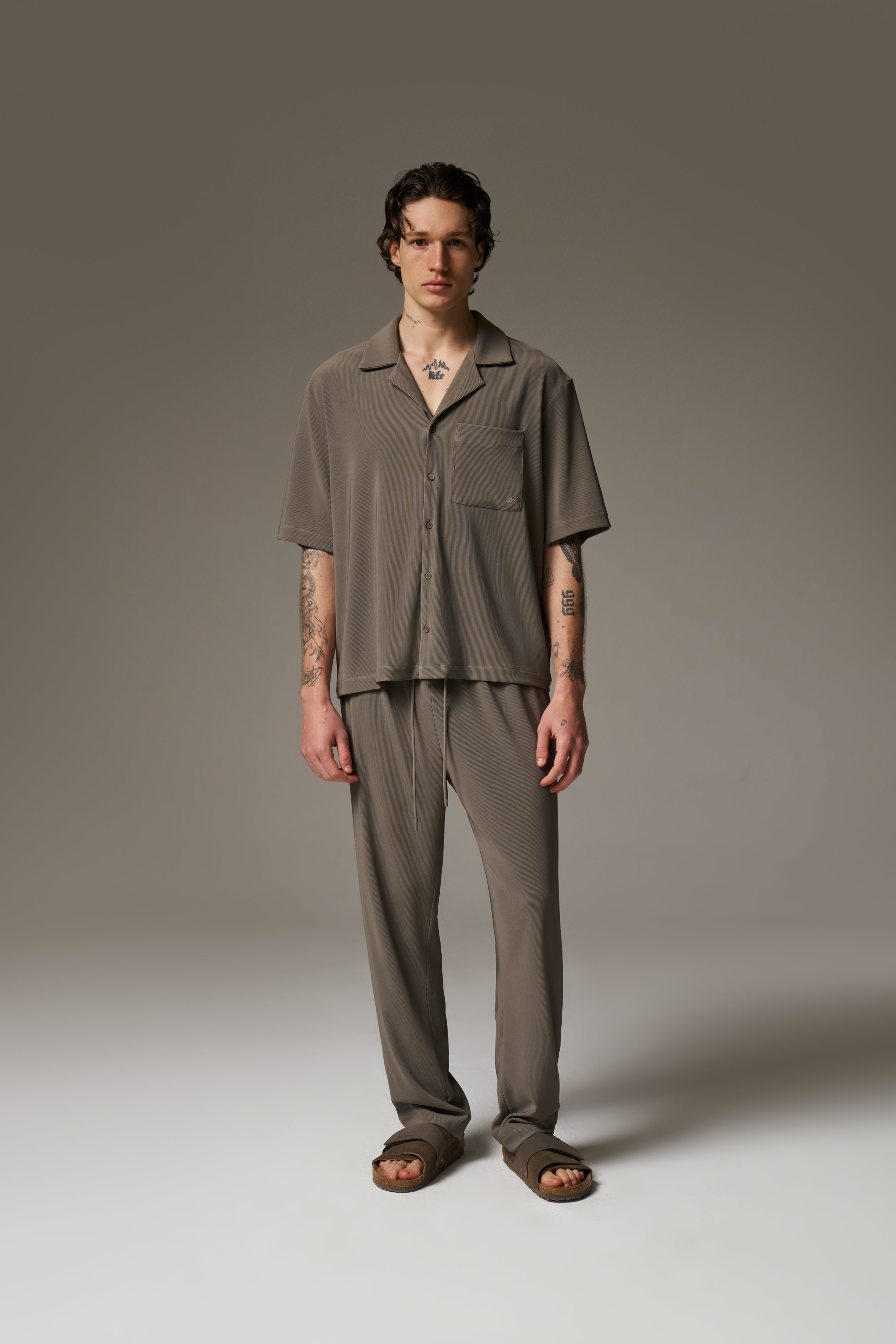 RIB BUTTON THROUGH SHIRT - MINK