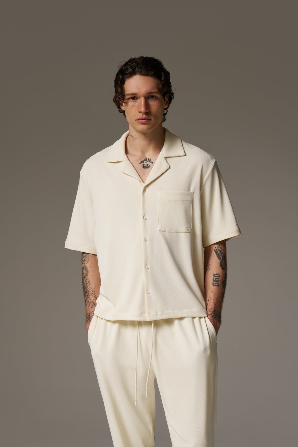 RIB BUTTON THROUGH SHIRT - OFF WHITE