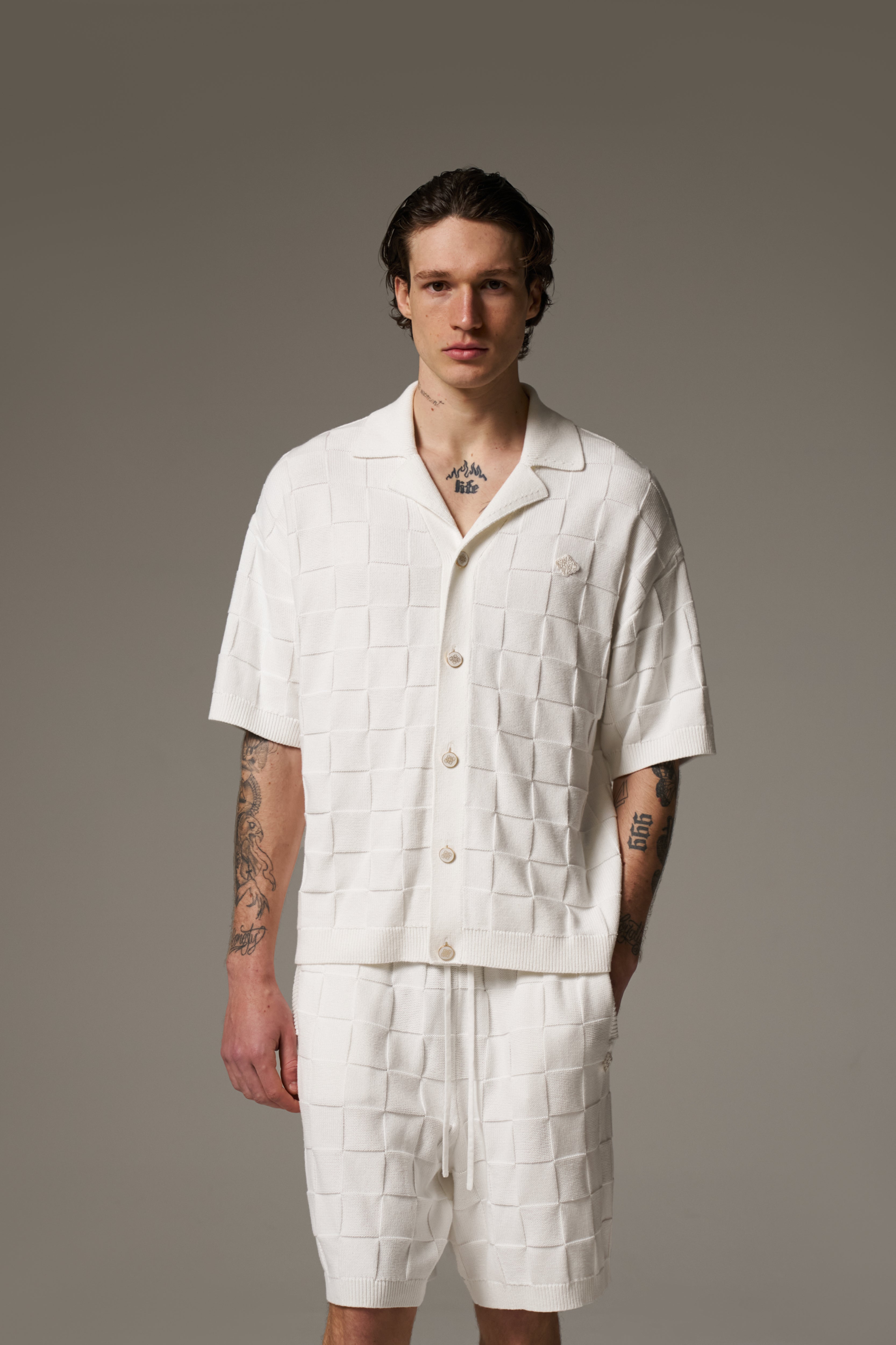CHECKERBOARD KNITTED SHIRT - OFF WHITE