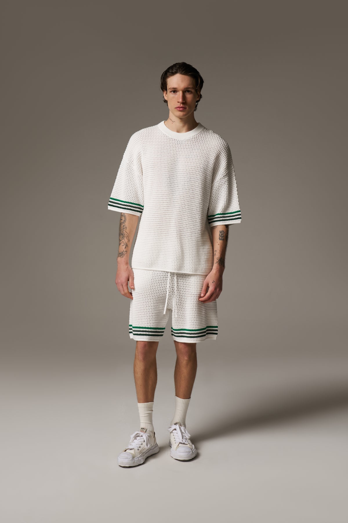 STRIPE CROCHET KNIT T-SHIRT - WHITE