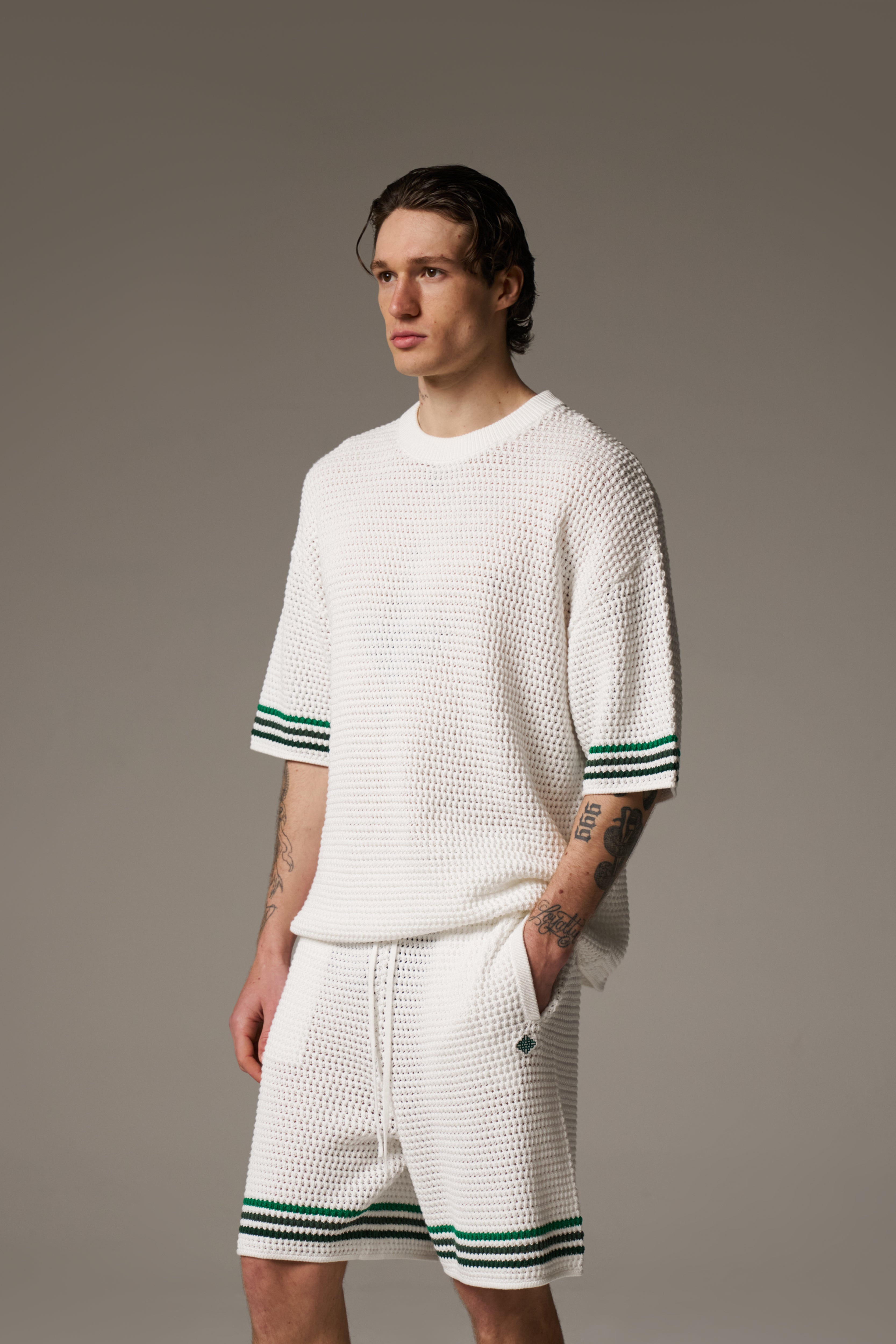 STRIPE CROCHET KNIT T-SHIRT - WHITE