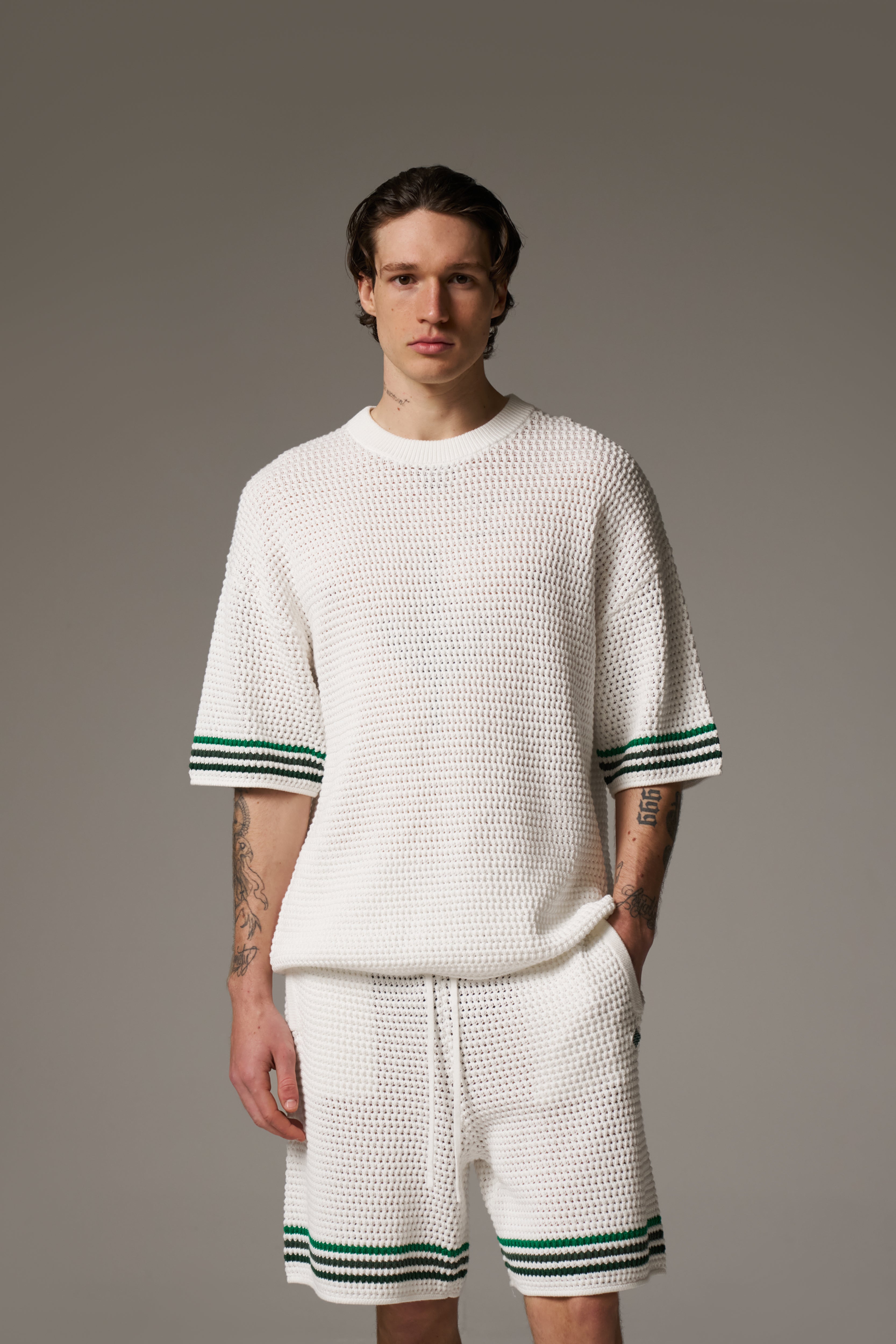 STRIPE CROCHET KNIT T-SHIRT - WHITE