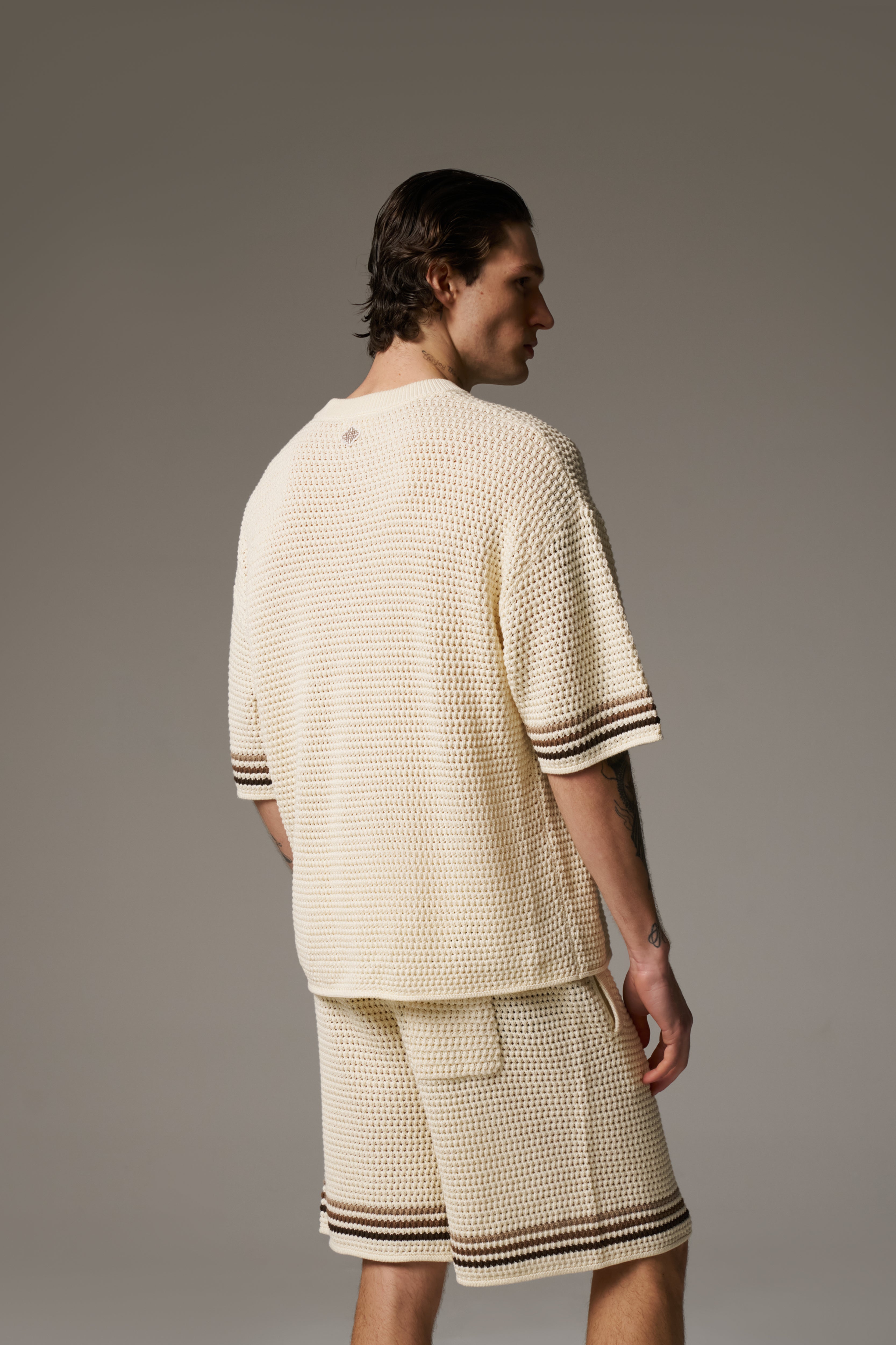 STRIPE CROCHET KNIT T-SHIRT - OFF WHITE
