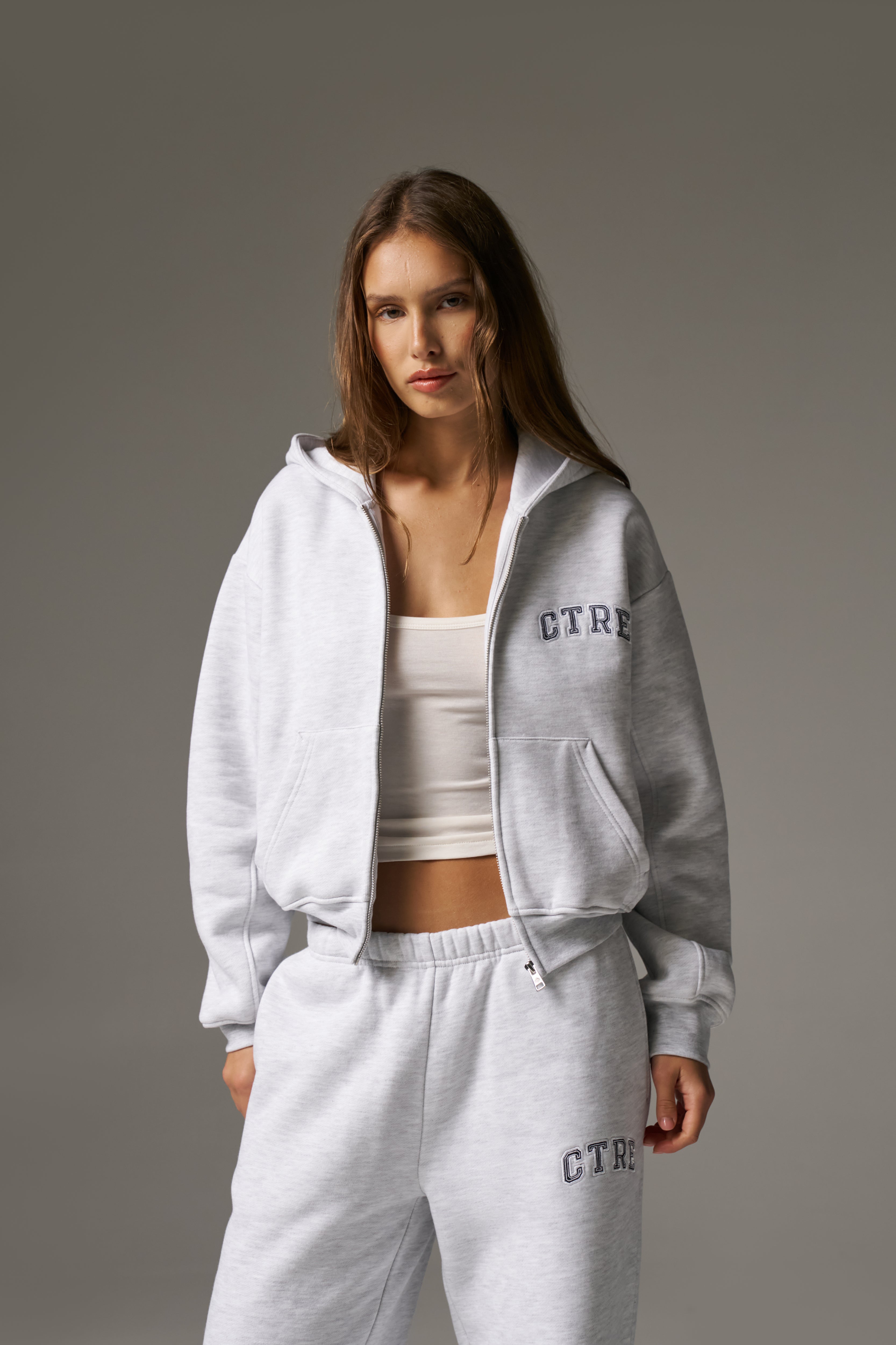 CTRE ZIP THROUGH RELAXED HOODIE - GREY MARL