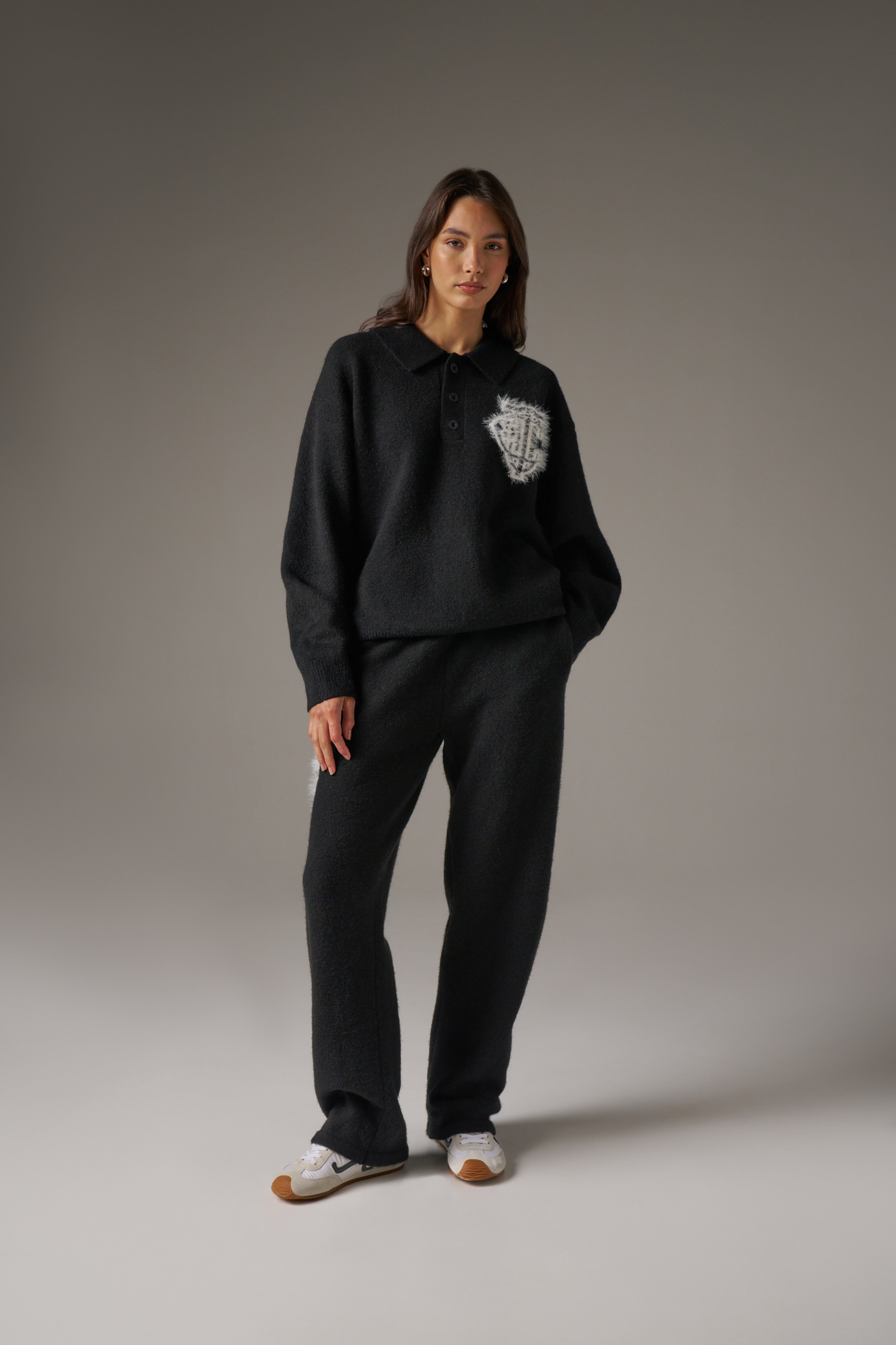 MONOGRAM FLUFFY KNIT POLO - BLACK