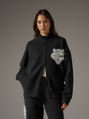 MONOGRAM FLUFFY KNIT ZIP THROUGH - BLACK