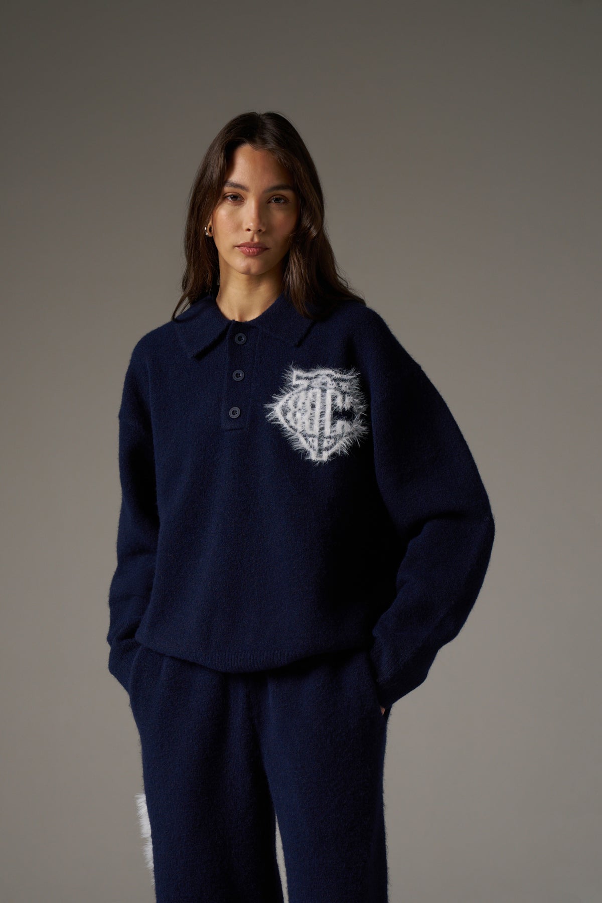MONOGRAM FLUFFY KNIT POLO - NAVY