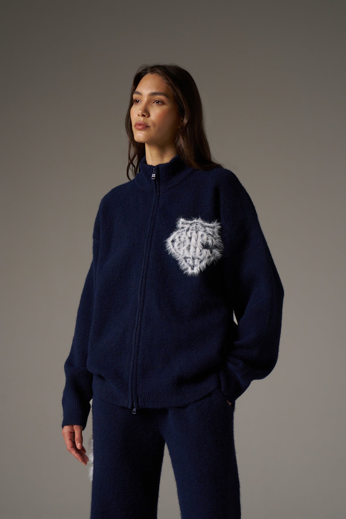 MONOGRAM FLUFFY KNIT ZIP THROUGH - NAVY