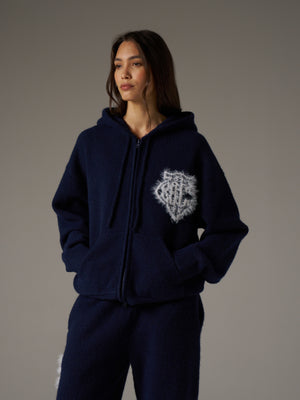 MONOGRAM FLUFFY KNIT ZIP THROUGH HOODIE - NAVY