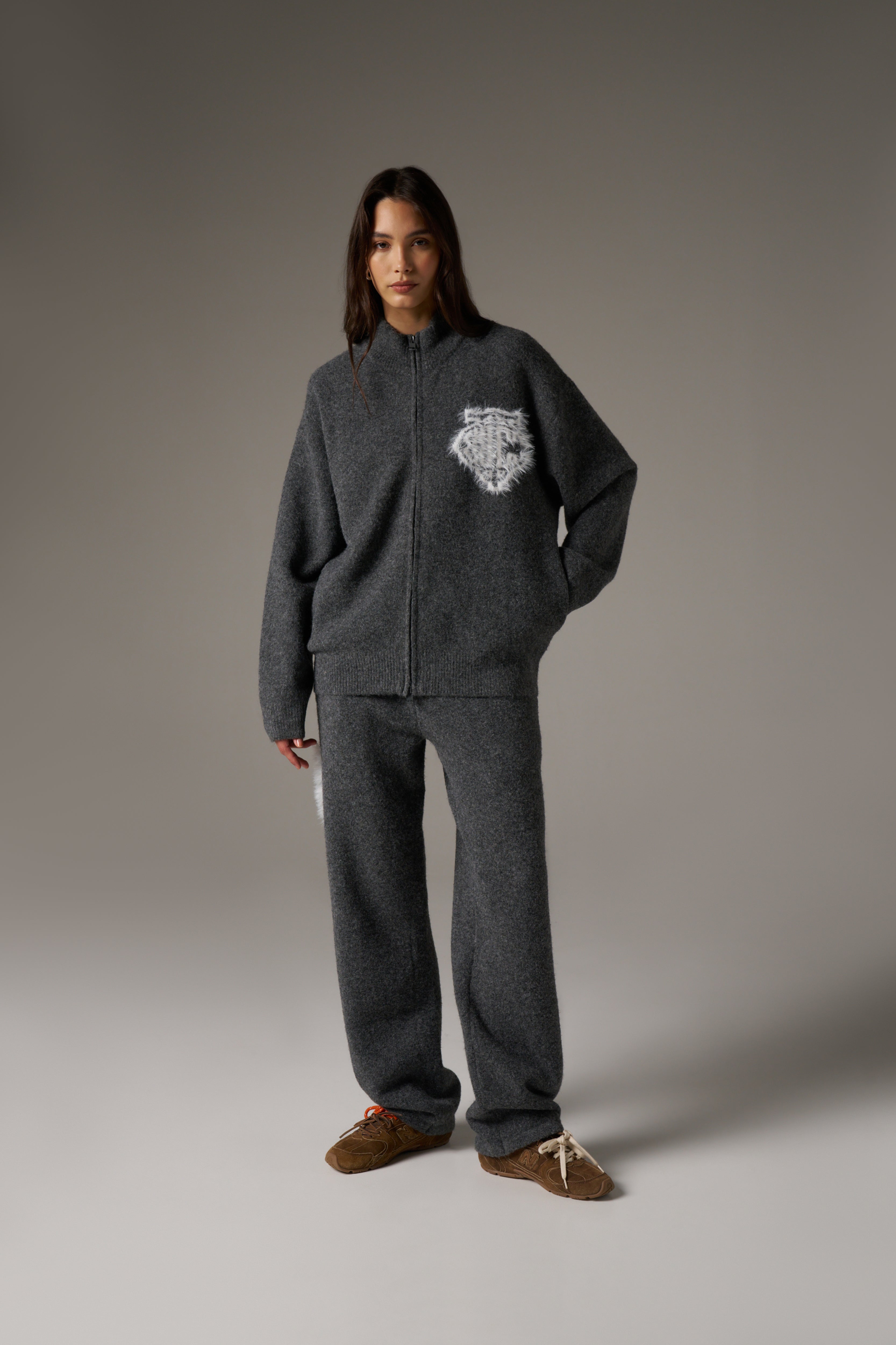 MONOGRAM FLUFFY KNIT ZIP THROUGH - CHARCOAL
