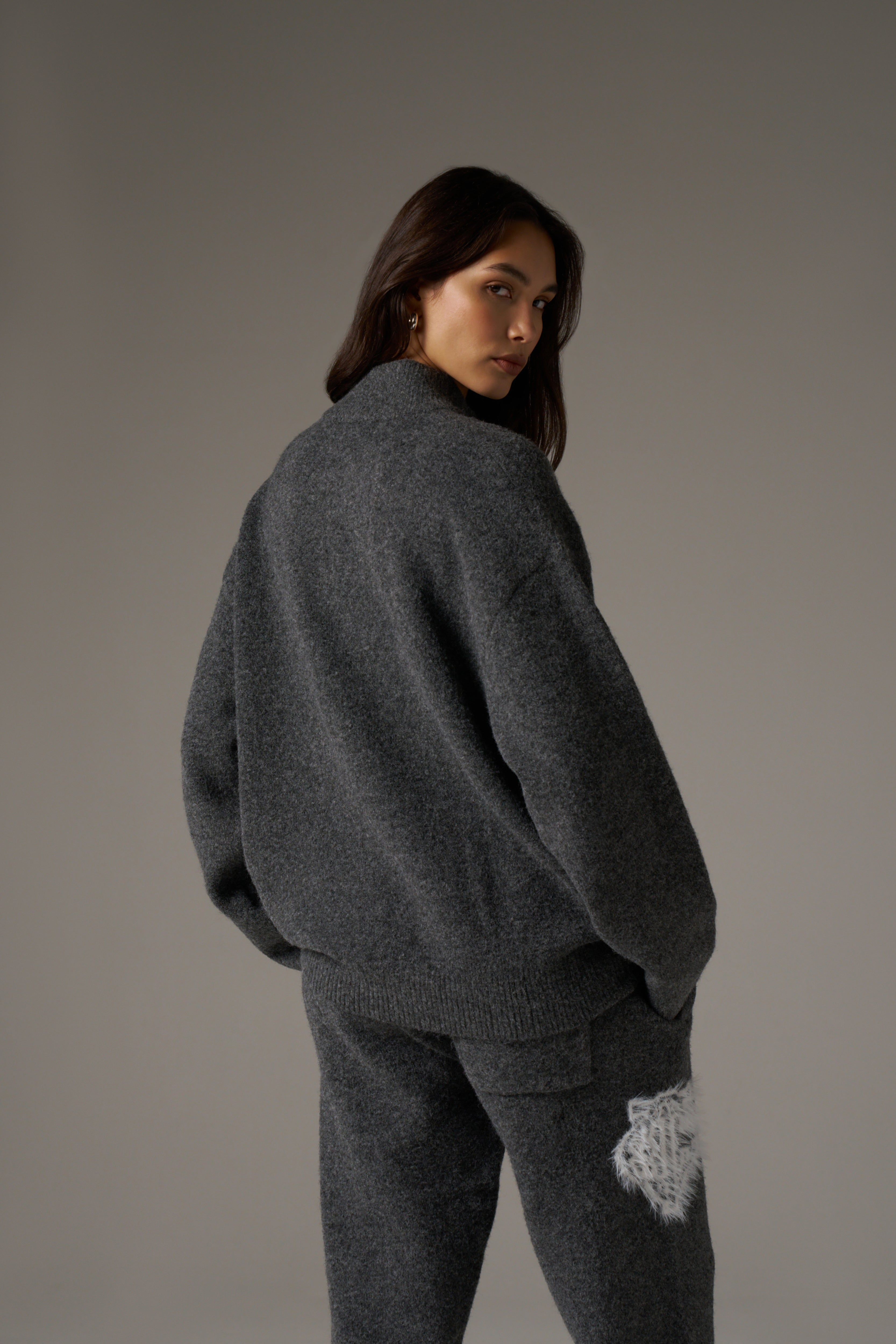 MONOGRAM FLUFFY KNIT ZIP THROUGH - CHARCOAL