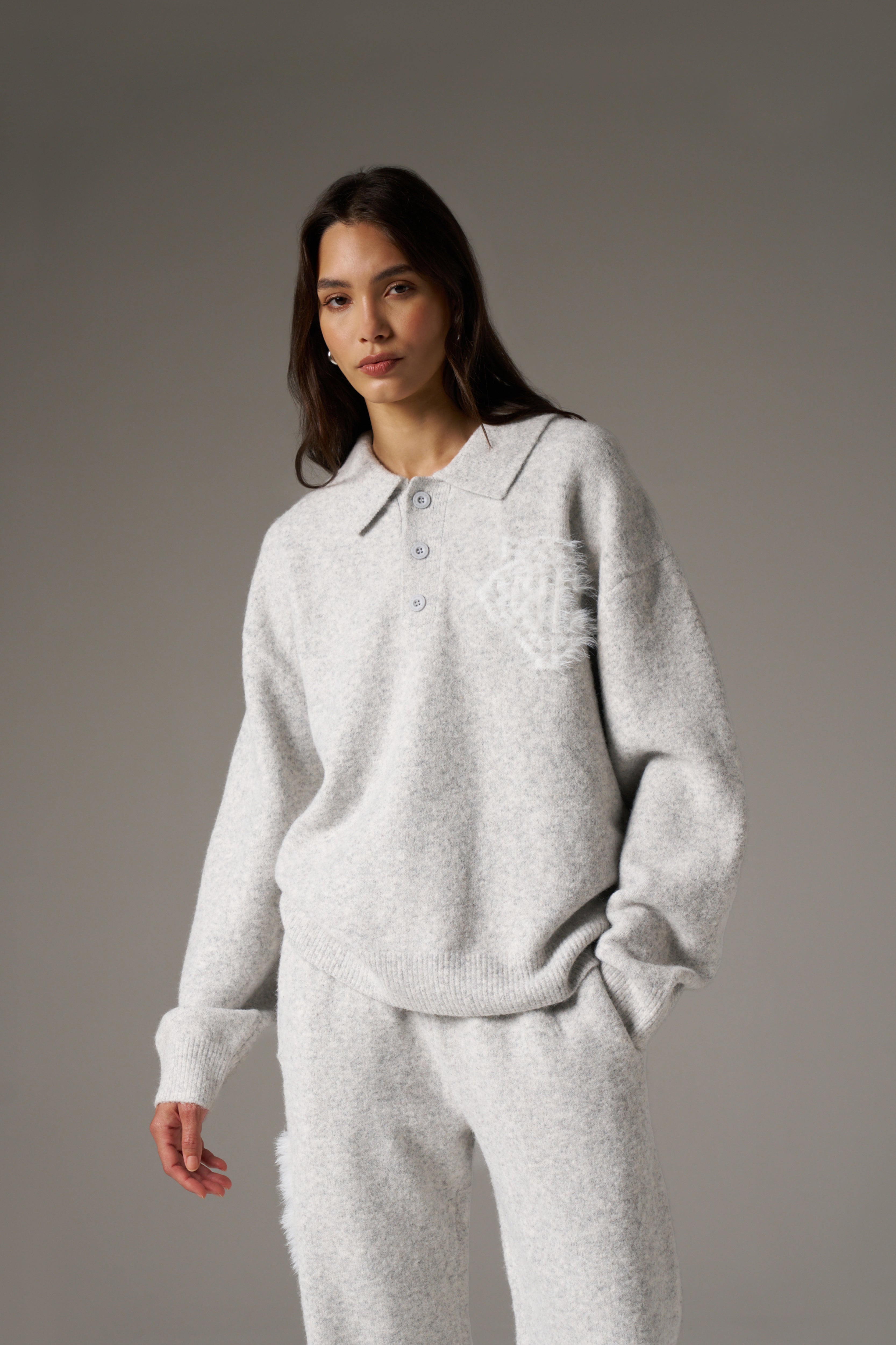 MONOGRAM FLUFFY KNIT POLO - GREY MARL