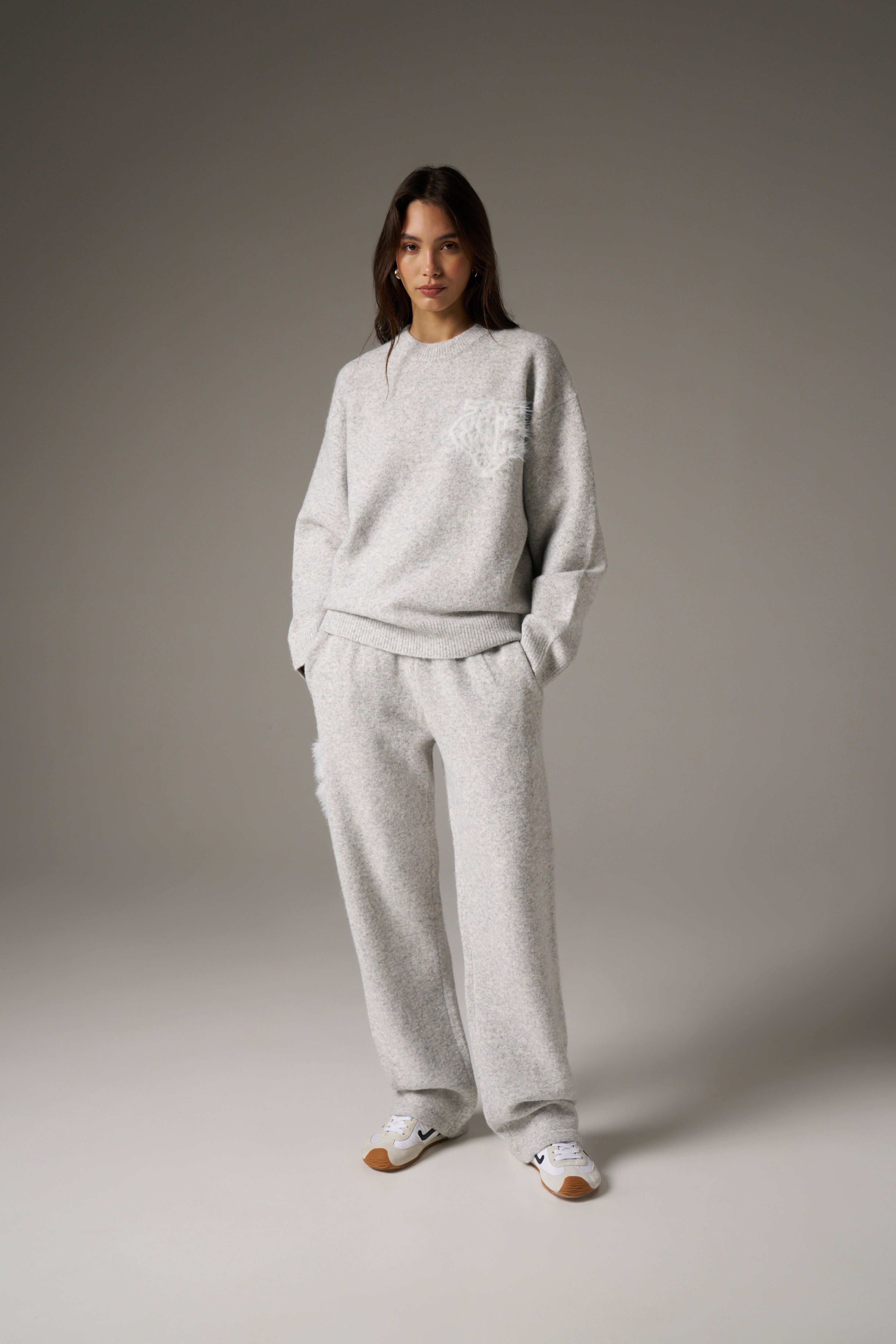 MONOGRAM FLUFFY KNIT CREW - GREY MARL