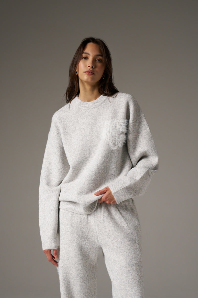 MONOGRAM FLUFFY KNIT CREW - GREY MARL