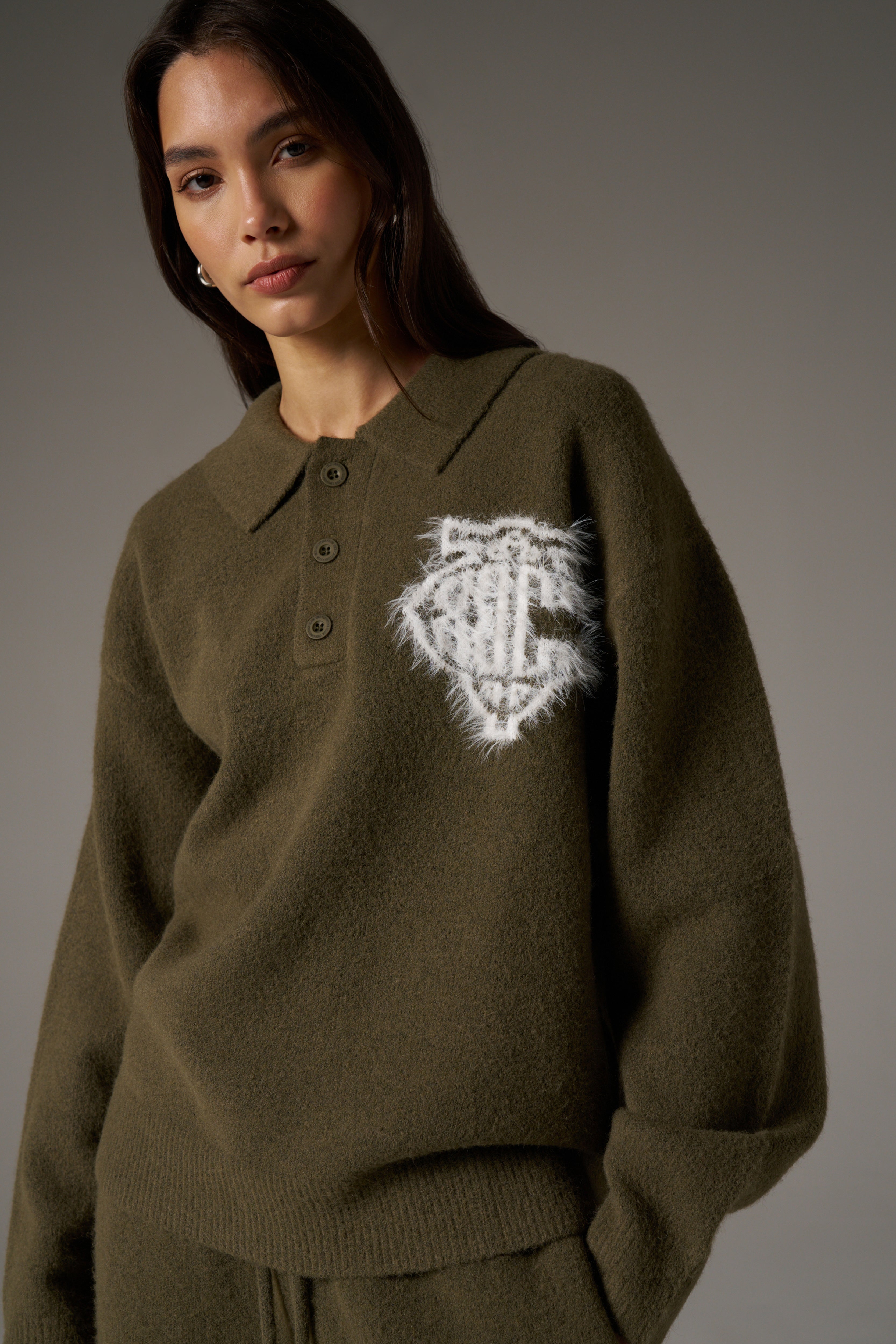 MONOGRAM FLUFFY KNIT POLO - KHAKI