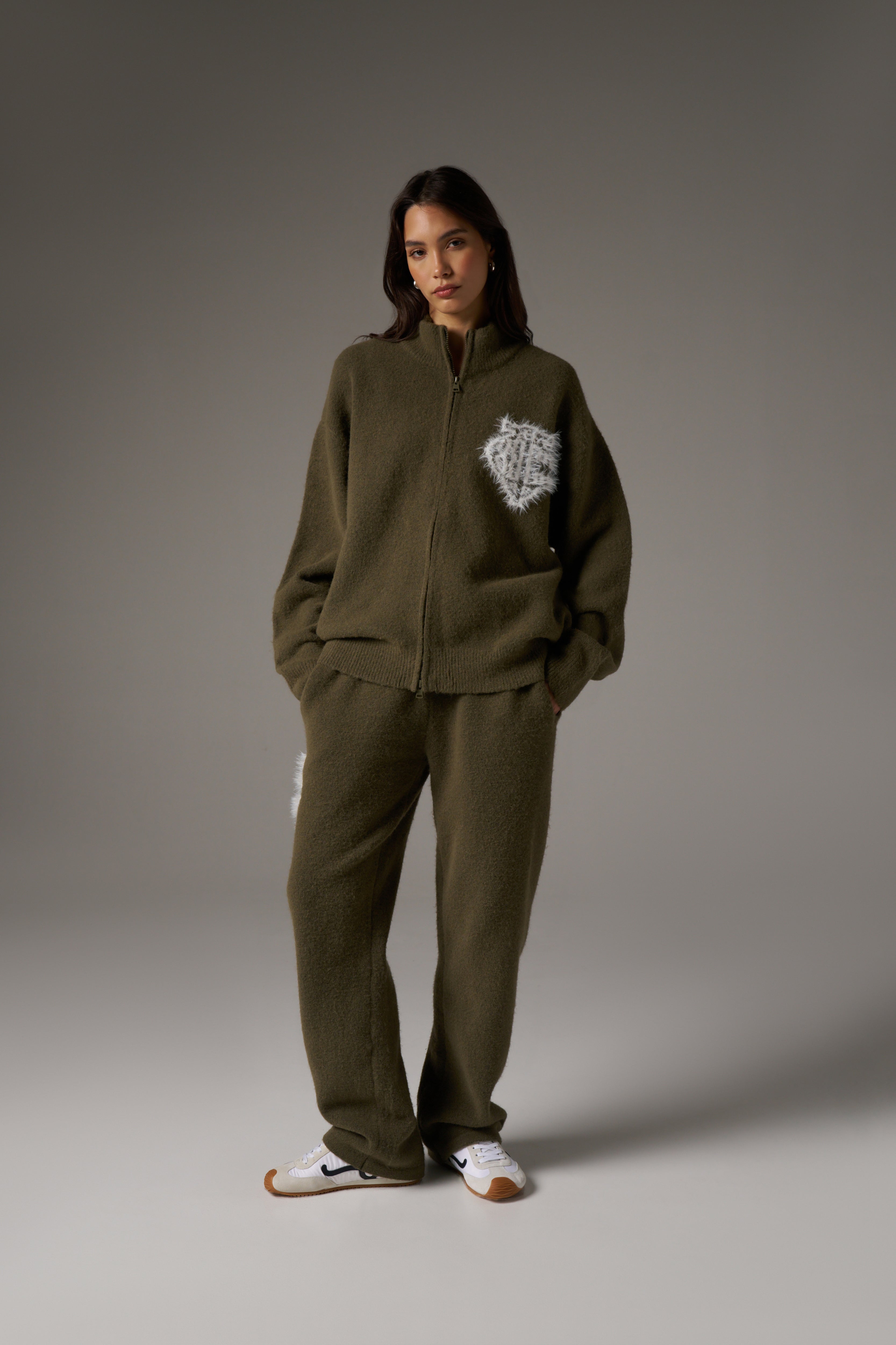 MONOGRAM FLUFFY KNIT ZIP THROUGH - KHAKI