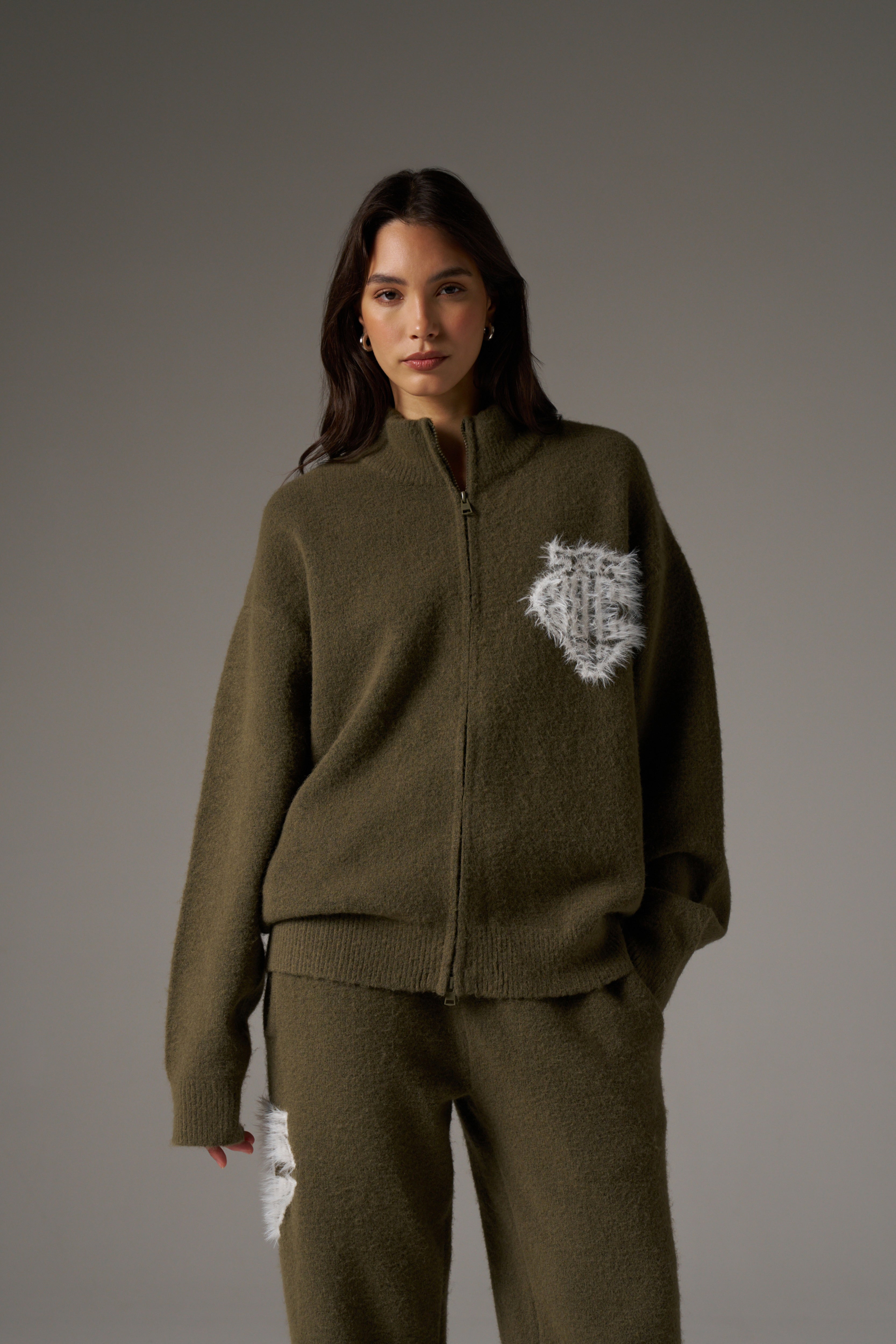 MONOGRAM FLUFFY KNIT ZIP THROUGH - KHAKI