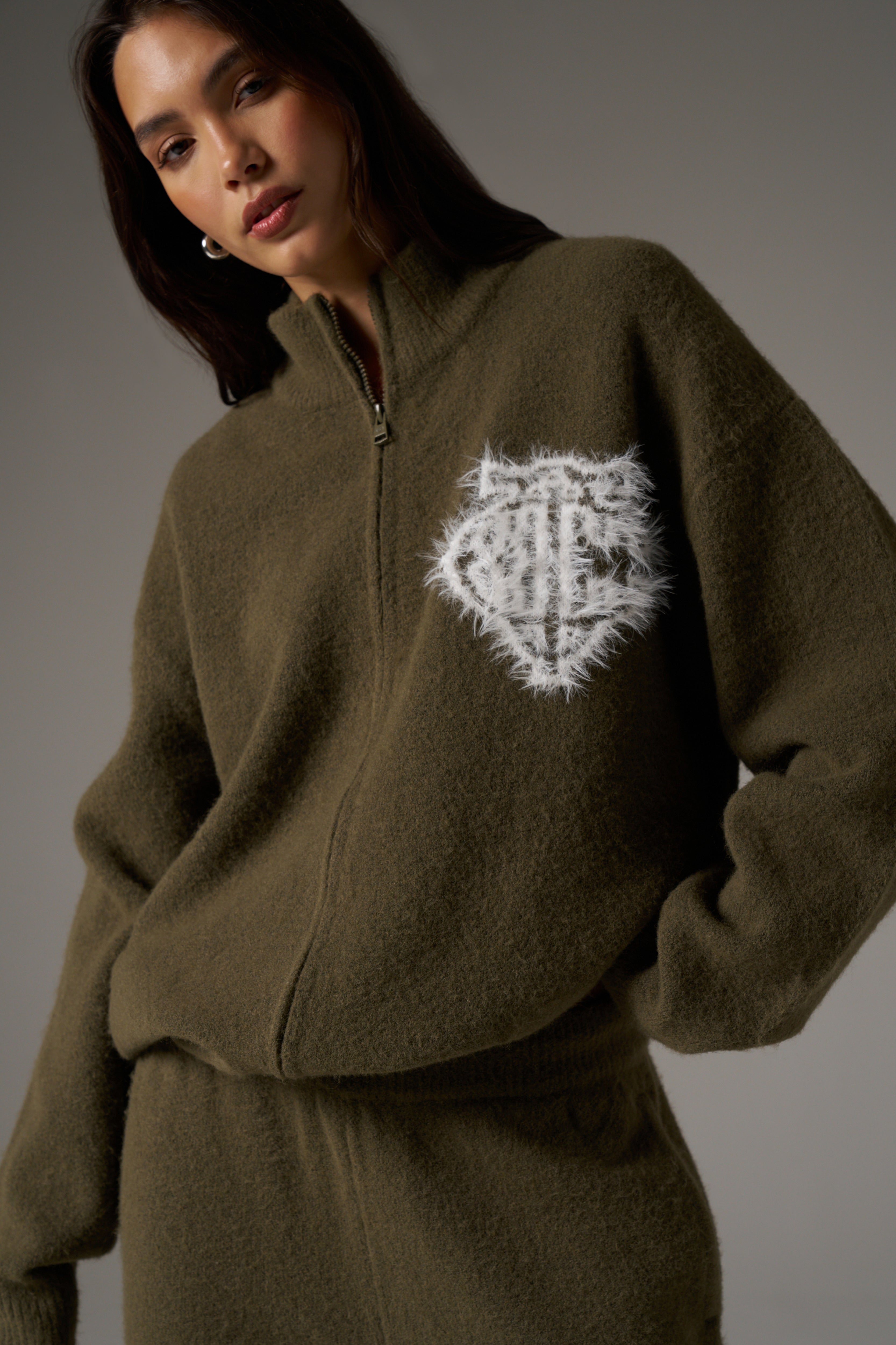MONOGRAM FLUFFY KNIT ZIP THROUGH - KHAKI
