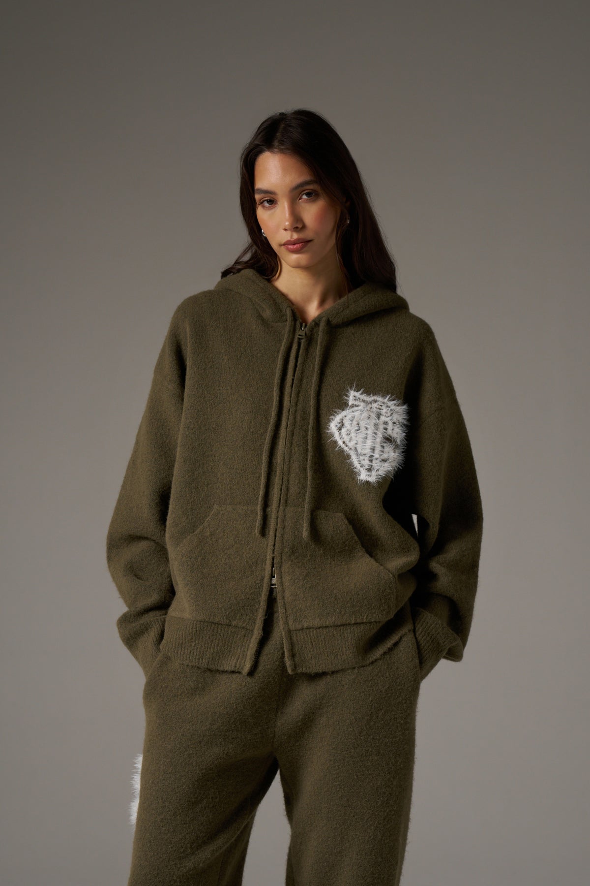 MONOGRAM FLUFFY KNIT ZIP THROUGH HOODIE - KHAKI
