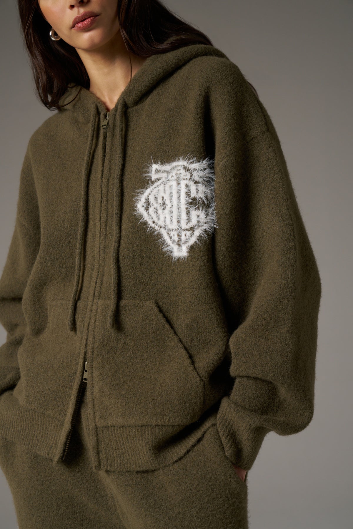 MONOGRAM FLUFFY KNIT ZIP THROUGH HOODIE - KHAKI