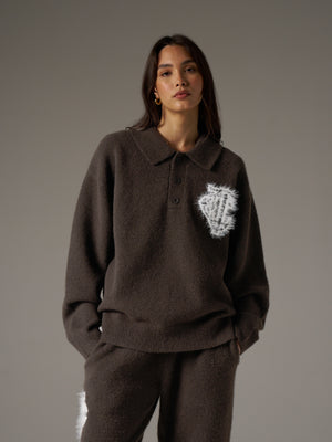 MONOGRAM FLUFFY KNIT POLO - BROWN