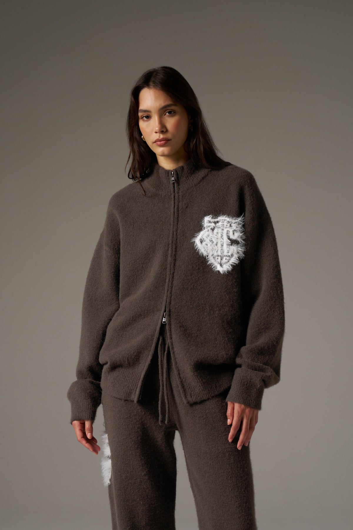 MONOGRAM FLUFFY KNIT ZIP THROUGH - BROWN
