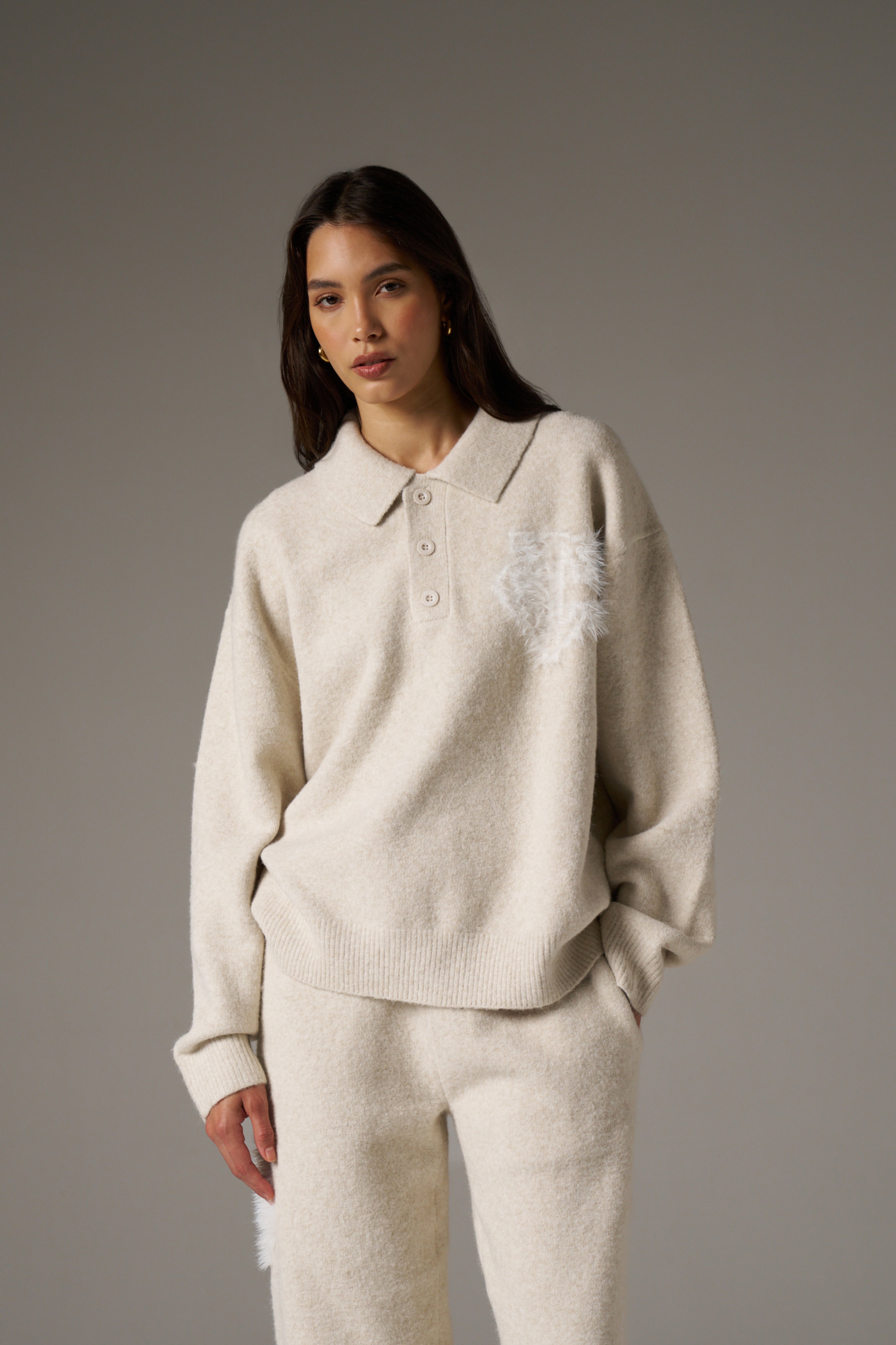MONOGRAM FLUFFY KNIT POLO - BEIGE