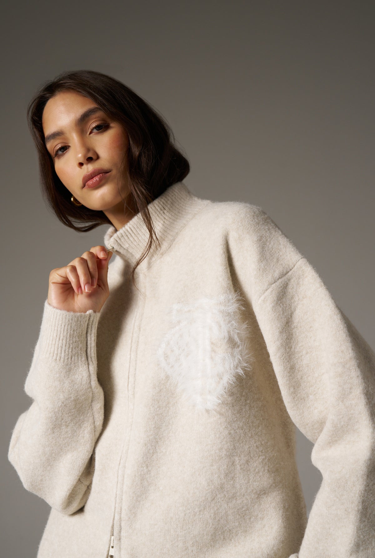 MONOGRAM FLUFFY KNIT ZIP THROUGH - BEIGE