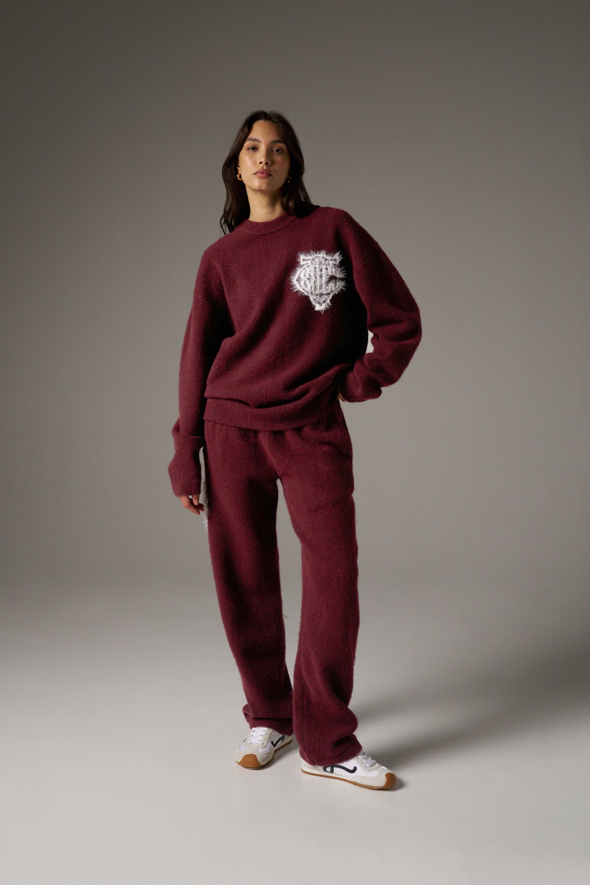 MONOGRAM FLUFFY KNIT JOGGERS - BURGUNDY